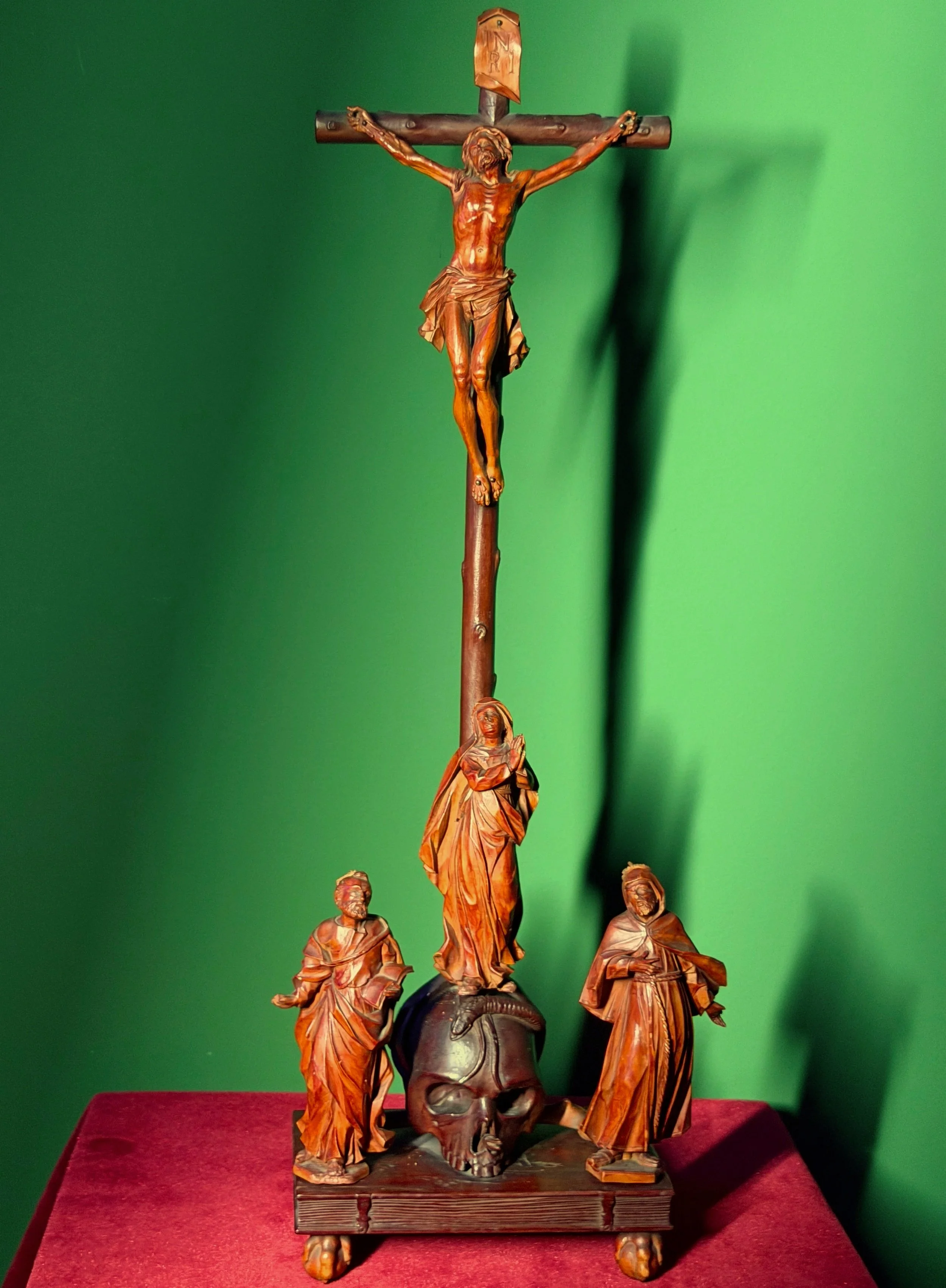 18th Century German Memento Mori Skull Crucifix Calvary Scene Sculpture