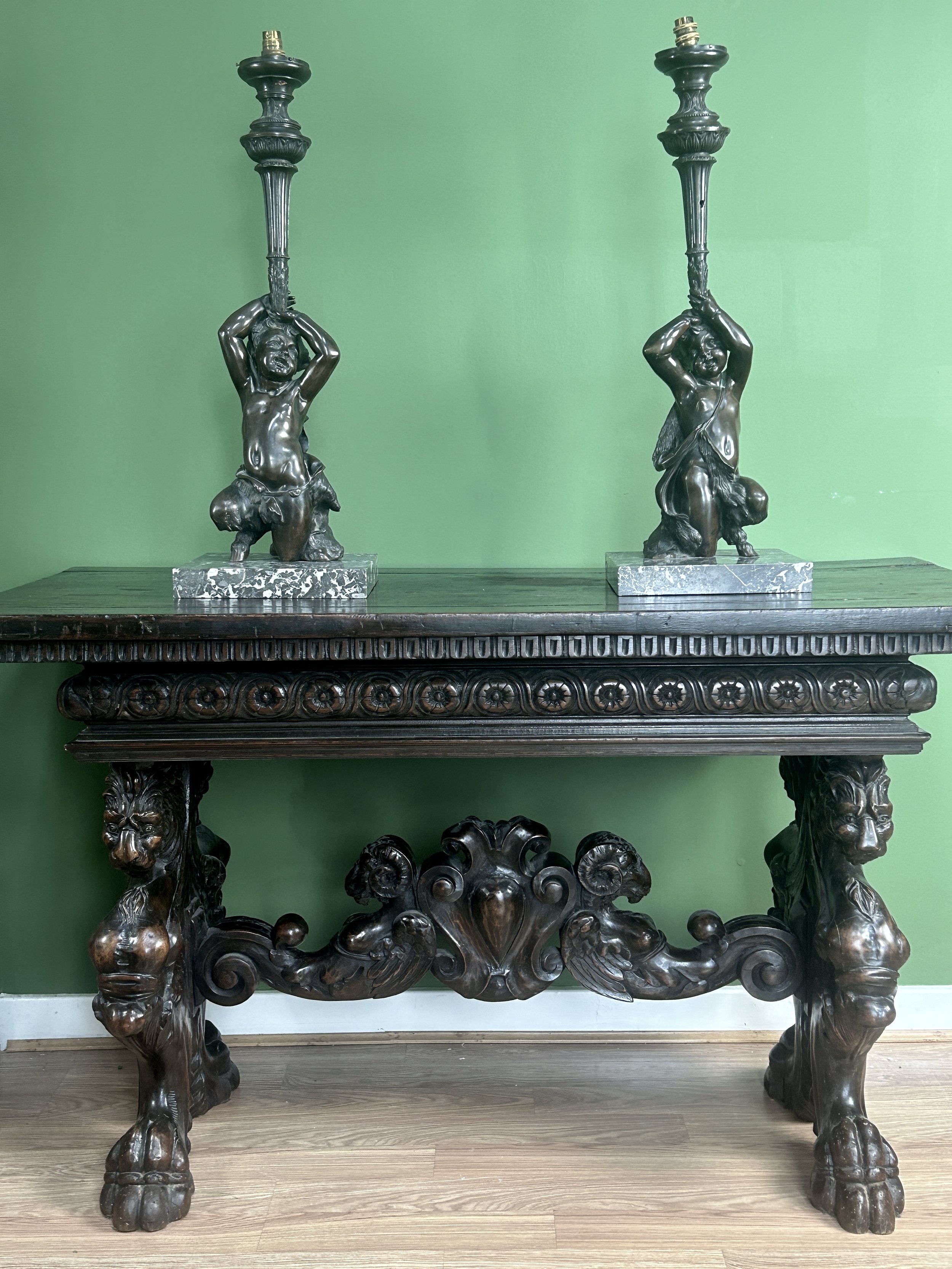 Large 19th Century Pair of Bronze & Marble Infant Faun Torchere Table Lamps