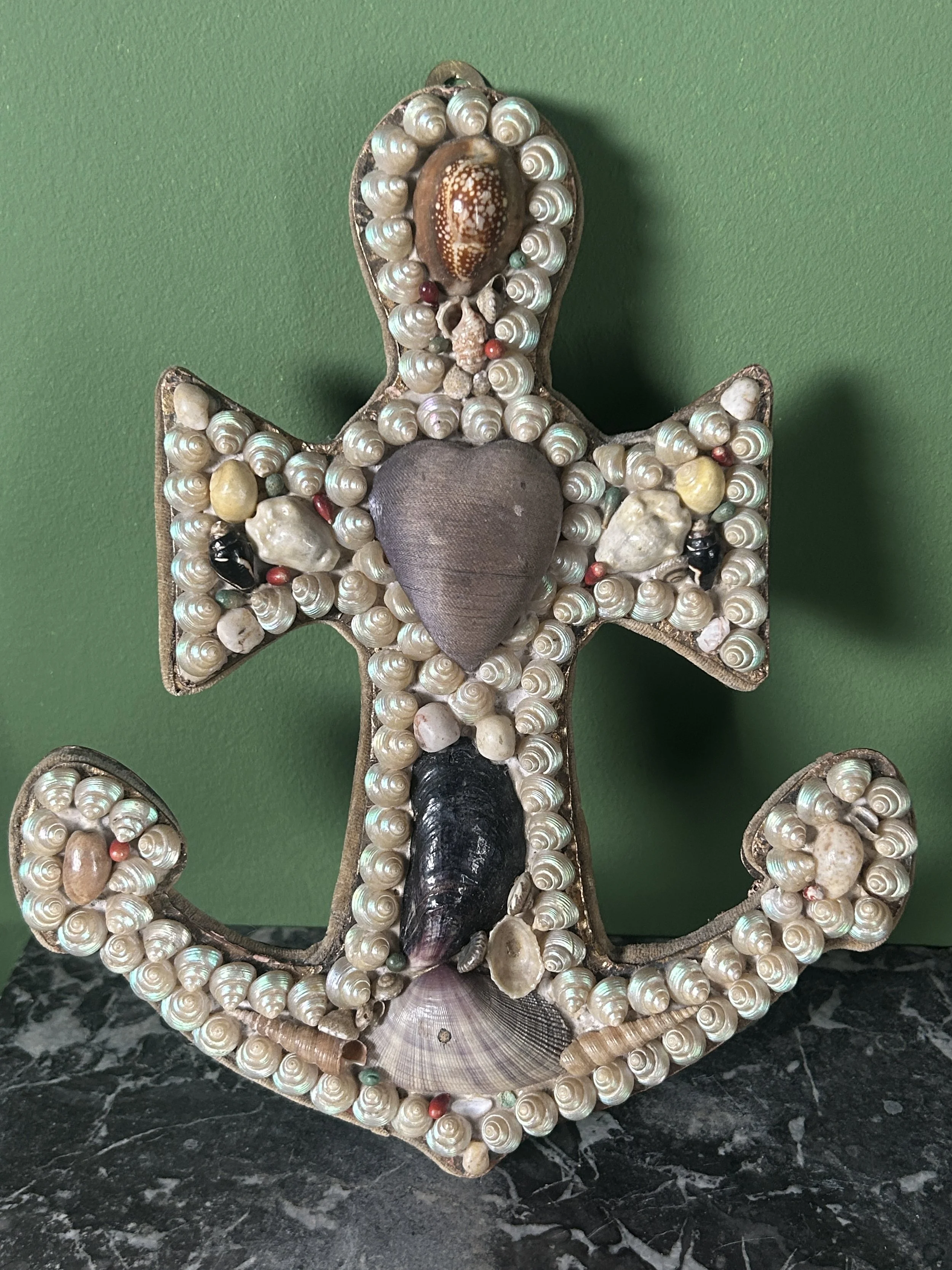 Antique Victorian Sailors Valentines Shellwork Anchor Pin Cushion C. 1900