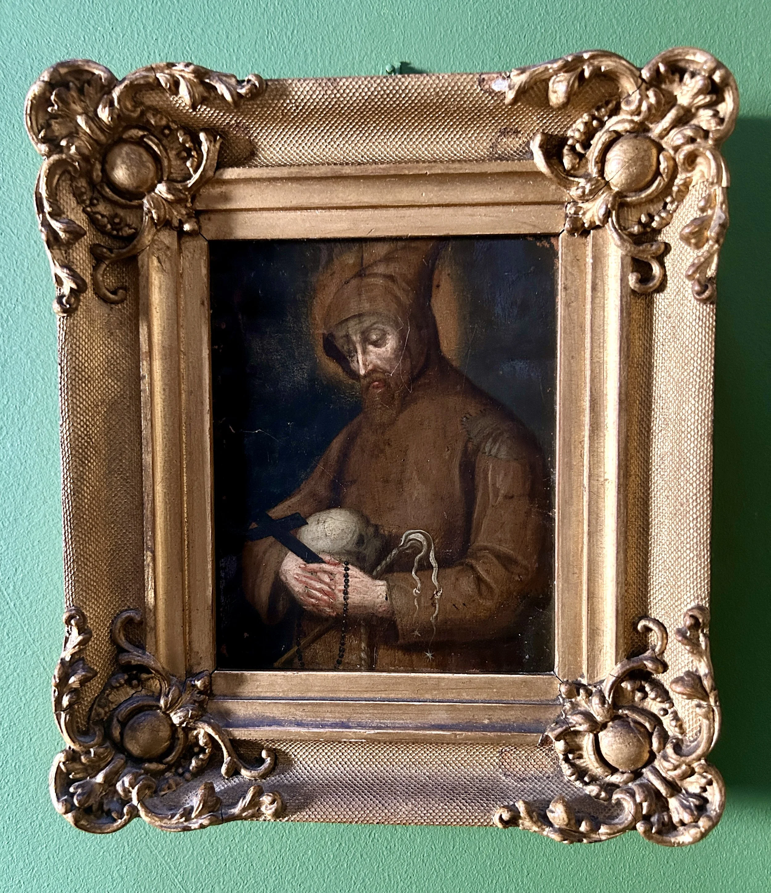 17th Century Oil on Copper Religious Painting of Saint Francis holding Skull, Crucifix & Whip