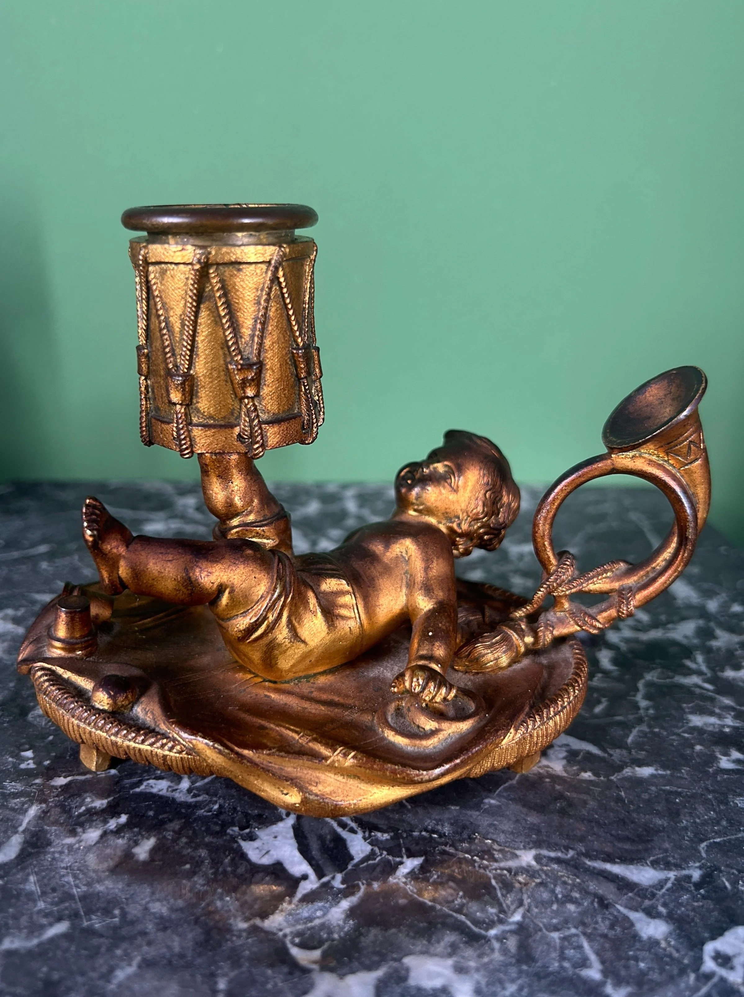 Charming 19th Century French Gilt Bronze Drummer Boy / Cherub Candlestick