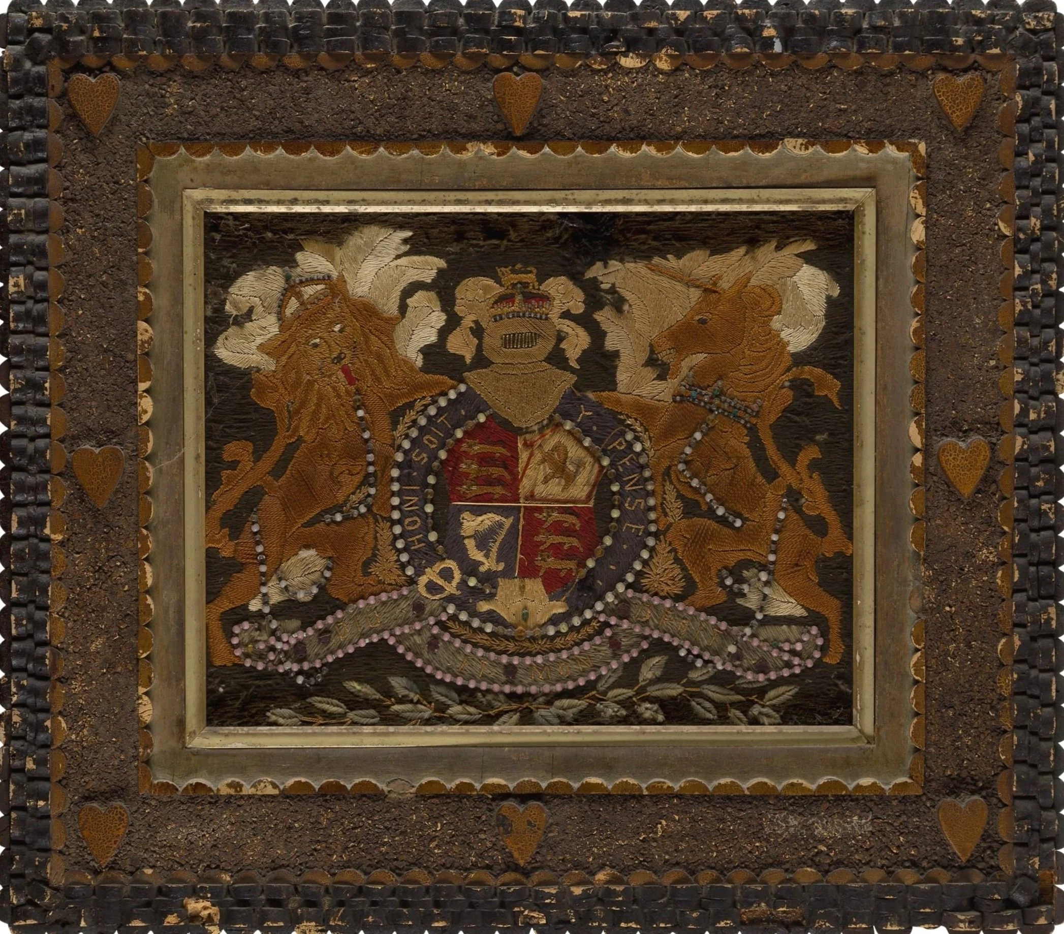 19th Century Sailor's Woolwork Royal Coat of Arms Folk Art Picture & Frame