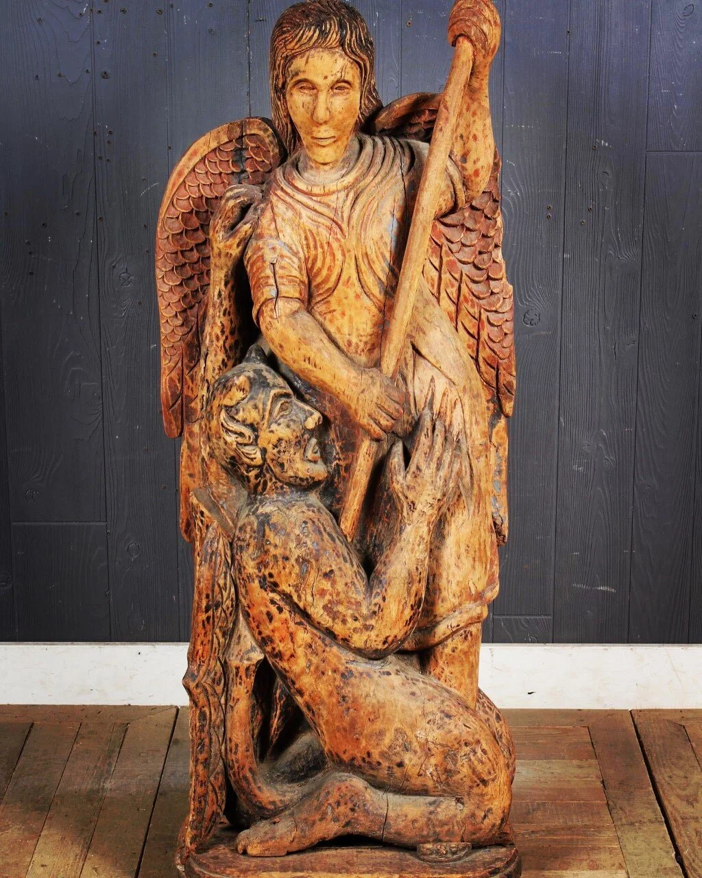18th / 19th Century Spanish Colonial Carved Statue of St Michael Slaying Lucifer