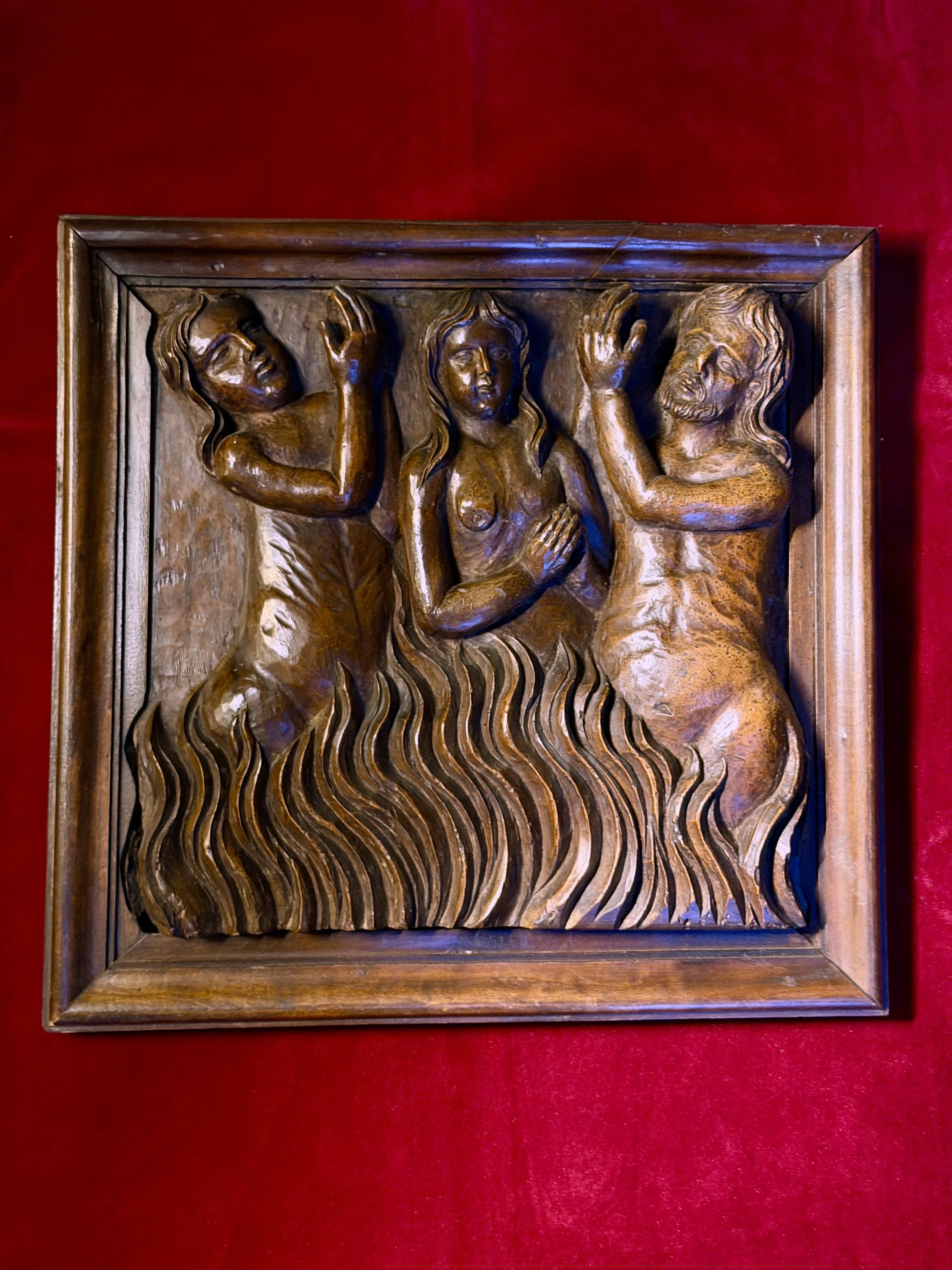 16th Century Italian Walnut Carved Religious Panel of Poor Souls in Purgatory