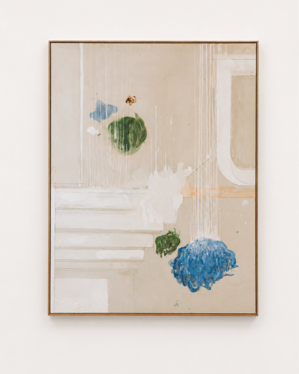 The water cycle 2
2023–2024
2150 x 1650 mm (framed)
Raw canvas, oil paints, household paints, pencil, crayon, inks, plaster
Framed in bespoke wooden tray frame