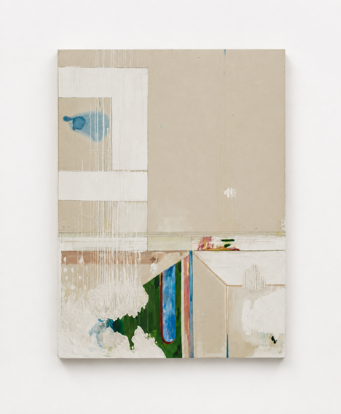 The water cycle 1
2023–2024
2150 x 1650 mm (framed)
Raw canvas, oil paints, household paints, pencil, crayon, inks, plaster
Framed in bespoke wooden tray frame