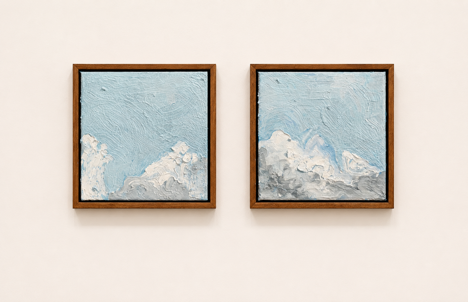 Shifting skies
2025 - 2026
Oil paint on canvas
230 × 230 mm (framed)
Bespoke wooden tray frame