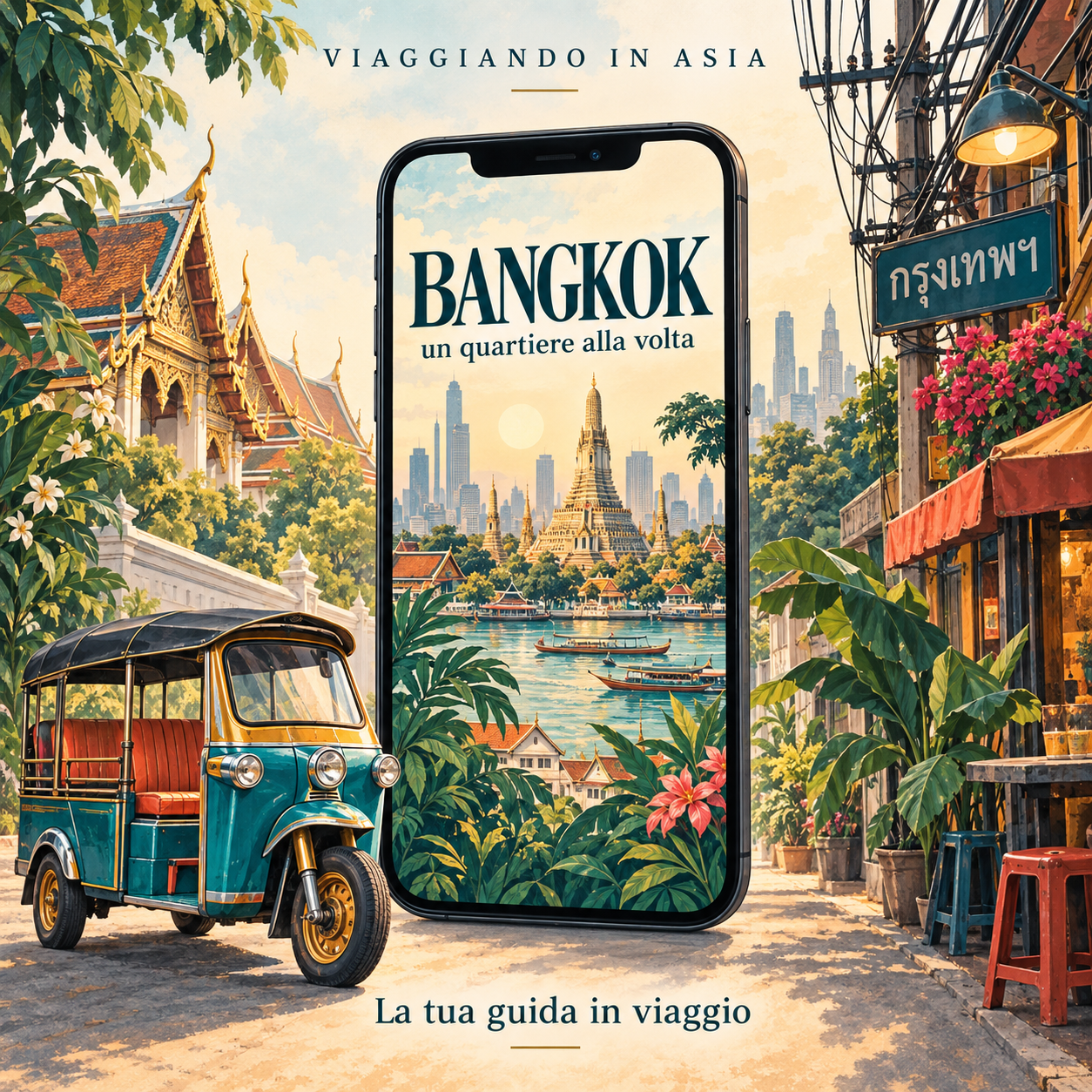 Illustrazione della guida Bangkok sul telefono, con tuk-tuk, templi e una strada della città.