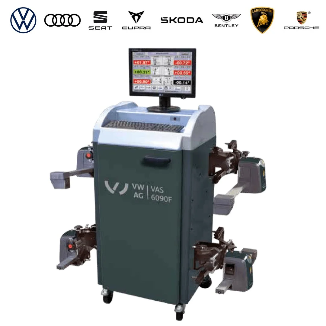 Wheel alignment system with a display and wheel-mounted measuring sensors.