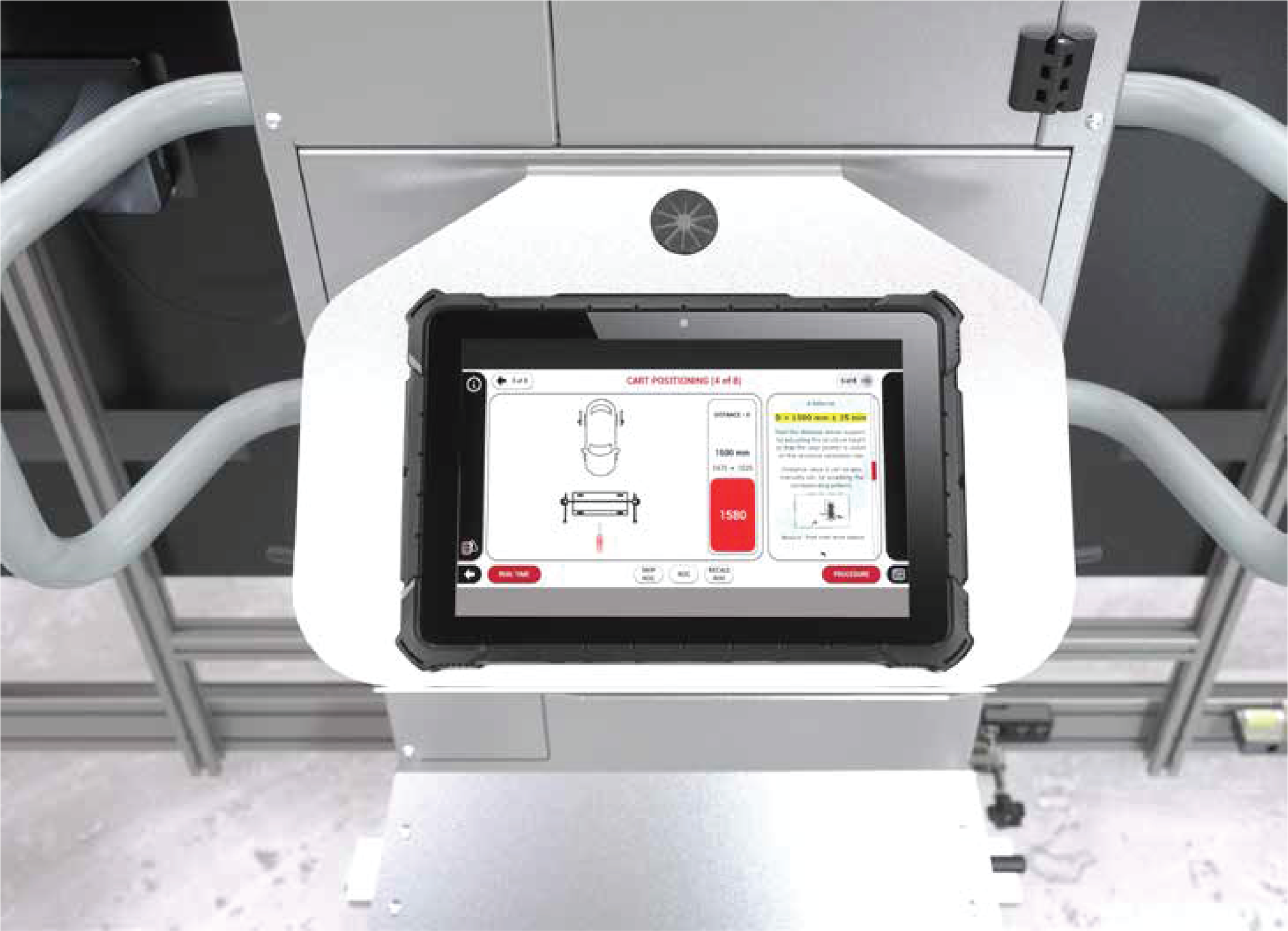 A medical device on a medical cart with a screen showing a vehicle diagram, measurements, and warning labels in a clinical environment.