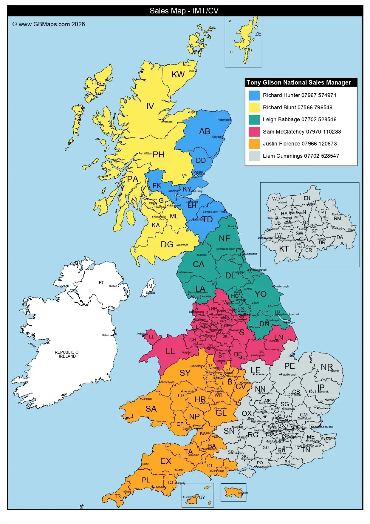 Map of Britain and Ireland showing key sales contact person and phone number