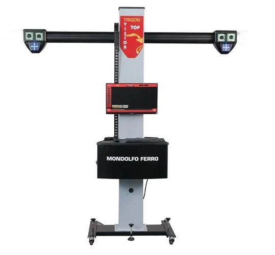 A fitness measurement station featuring a vertical white stand with red and black accents. It has two sensors extending horizontally with digital cameras, a monitor, a keyboard, and a black box labeled 'MONDOLOF FERRO', used for body composition analysis.