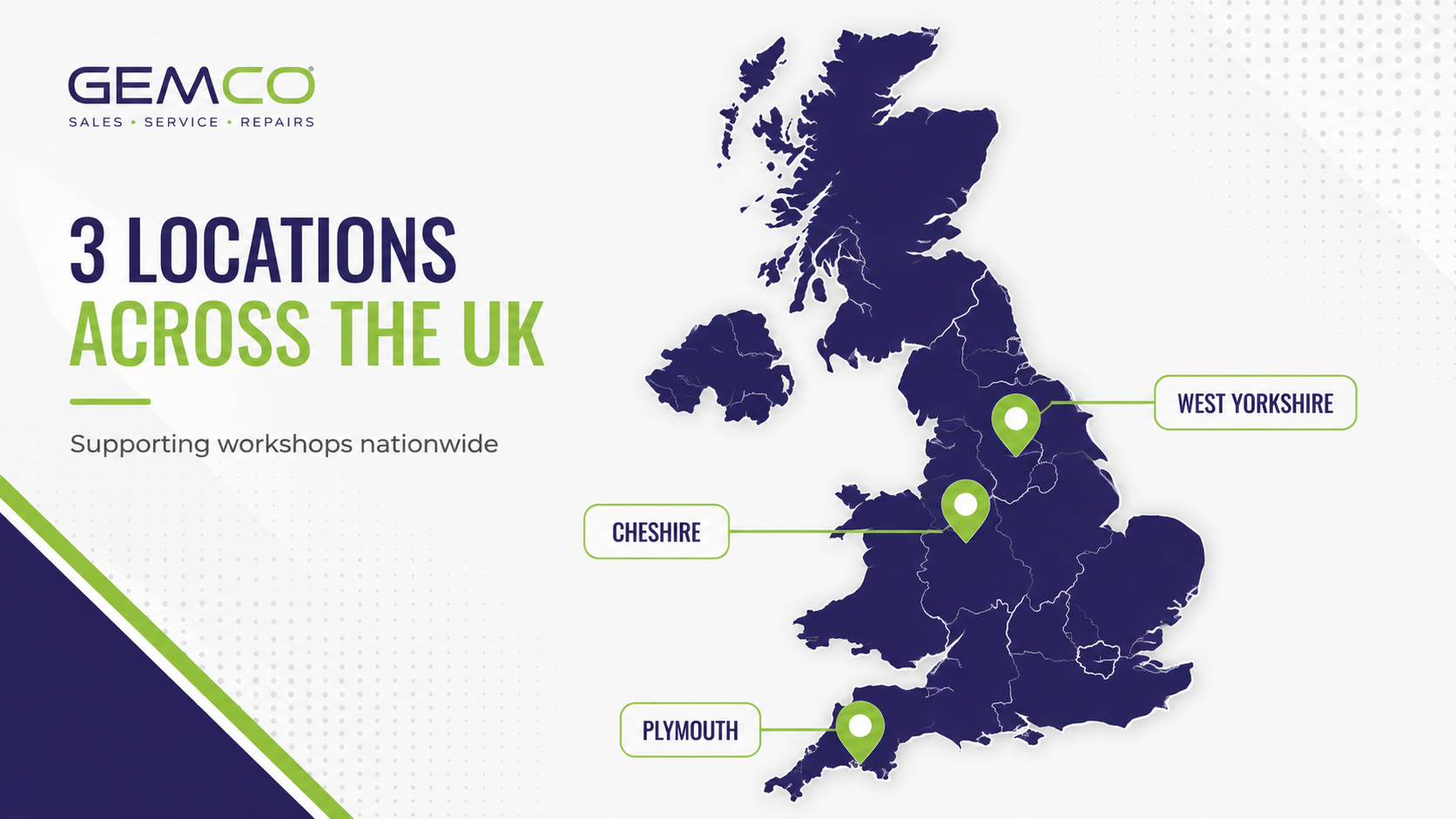 Map of the UK showing GEMCO locations in West Yorkshire, Cheshire and Plymouth