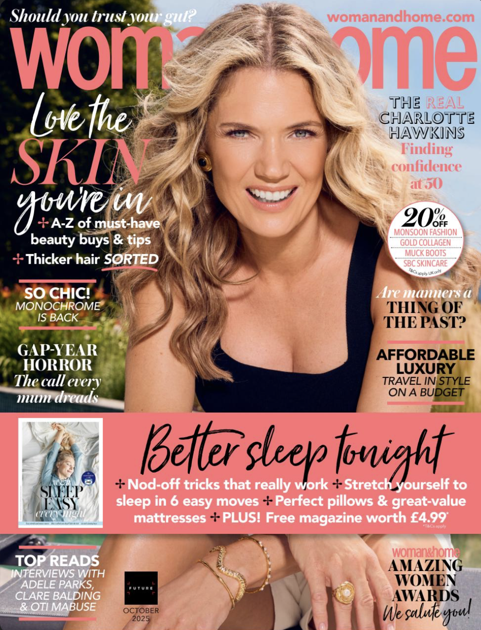 Cover of Woman & Home magazine featuring a smiling blonde woman with wavy hair, wearing a black sleeveless top, with magazine headlines about skincare, confidence, and sleep tips.