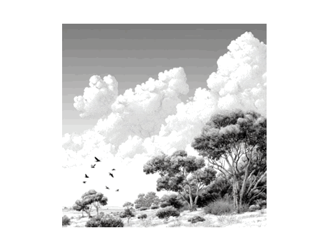 A black and white landscape featuring trees, clouds, and a group of birds flying in the sky.