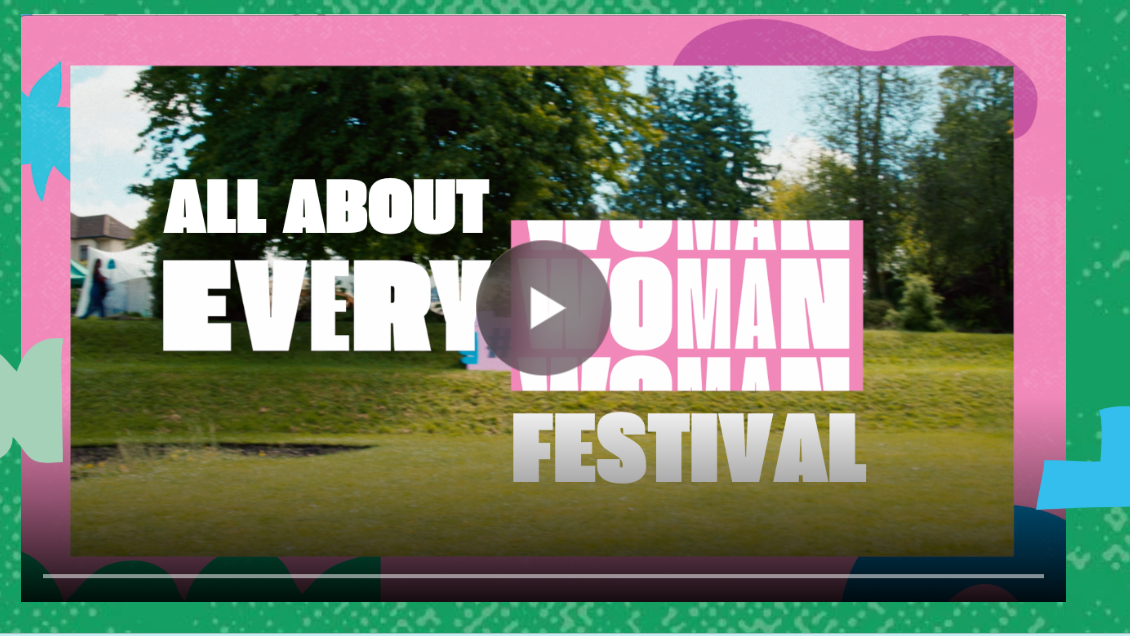 A colorful outdoor scene with a banner that reads 'All About Every Woman Festival,' featuring trees and a playground in the background.