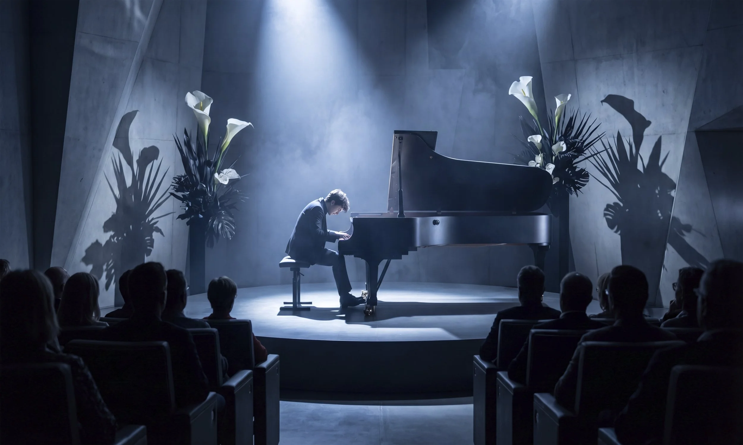 Ein Musiker spielt Klavier auf einer Bühne mit dunklem Hintergrund, umgeben von weißen Calla-Lilien und großen Palmeblättern, während ein Publikum zusieht.