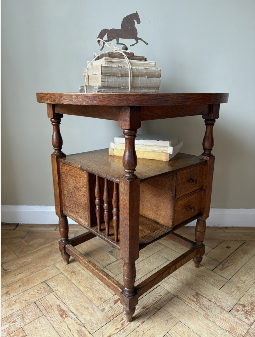 French Oak Circular Side Table With Storage