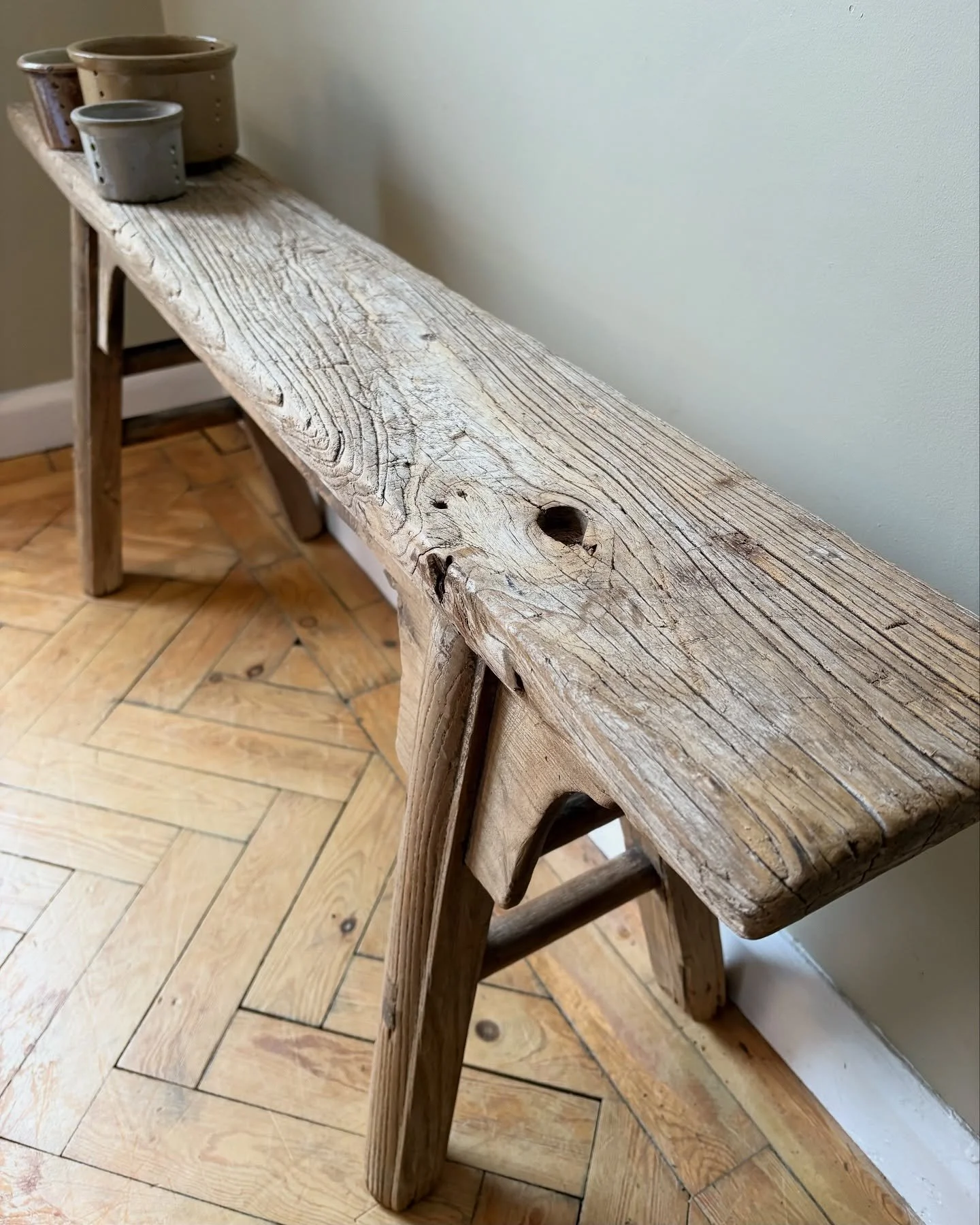 A fabulously imperfect rustic bench created from solid elm timbers with age and individuality through its gnarled grain. The epitome of simple and effortless, modern rustic living with texture and character in abundance. Great in any room as a featur