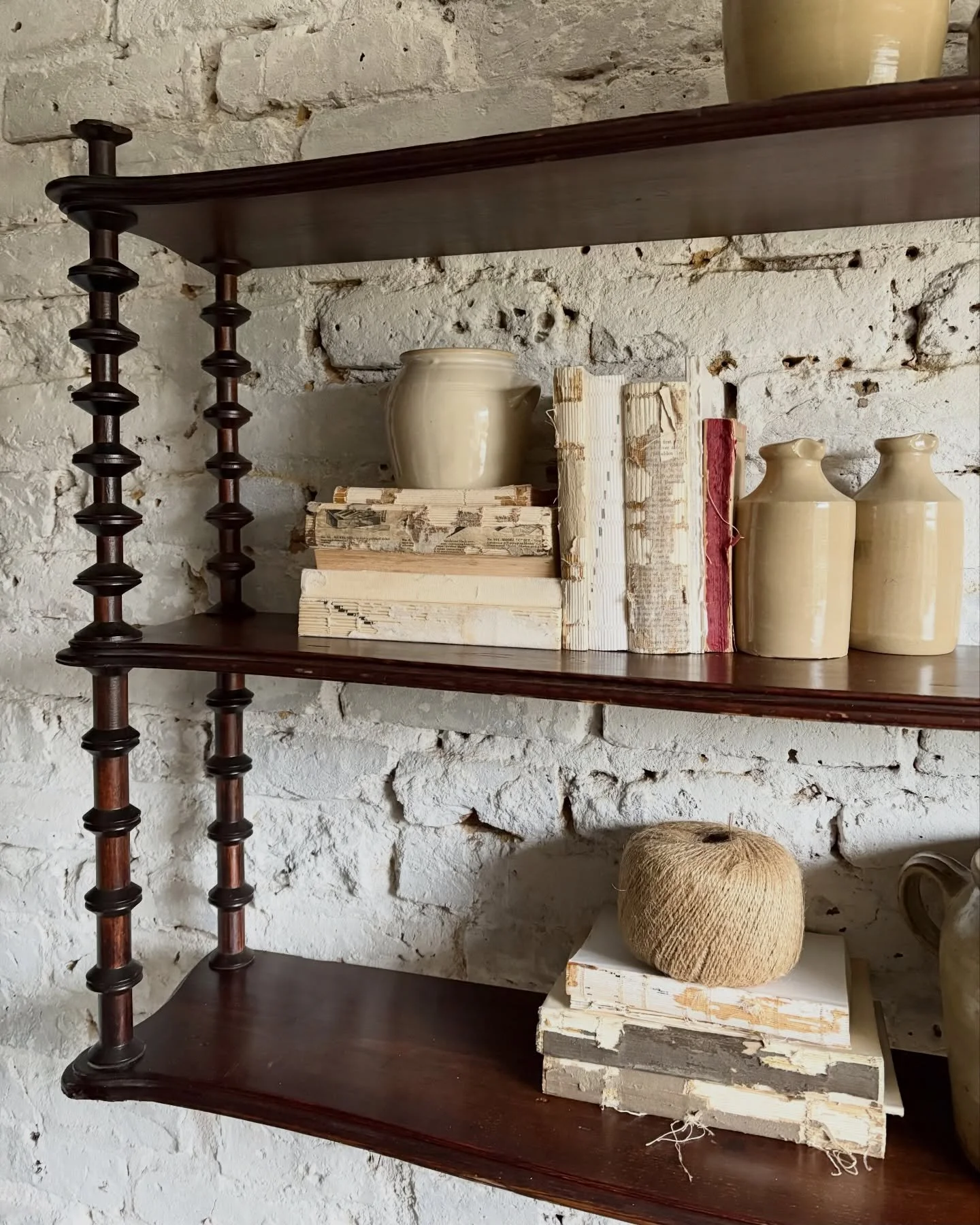 Beautiful oversized mahogany cotton reel wall shelf with unique detailing and character throughout. Hung here with existing hooks concealed at the back, though this item will also work freestanding. Good depth with generous proportions, perfect for a