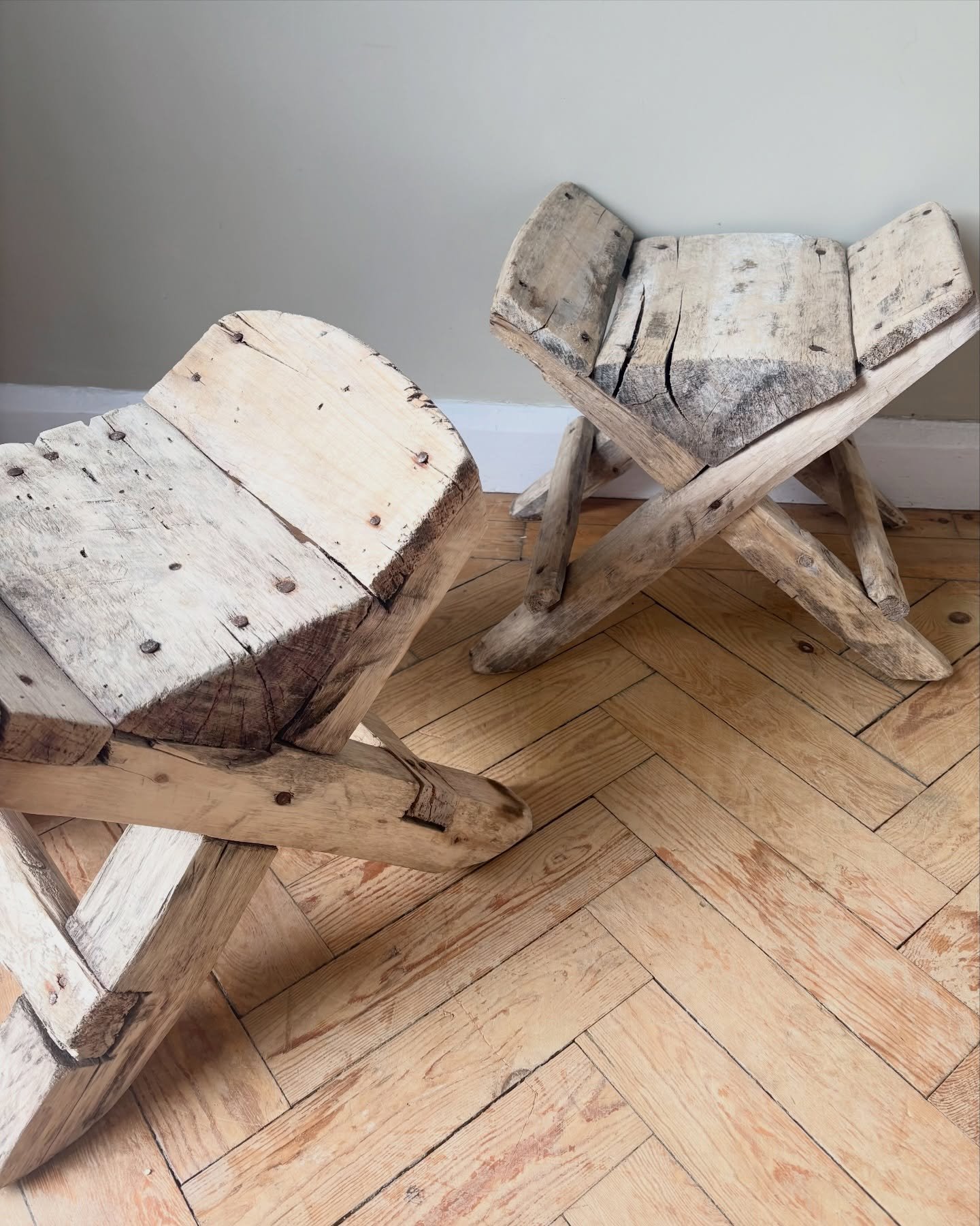 Fabulously primitive Anatolian working stools. Rustic in every sense from greying solid elm timbers. Complete with gnarled edges, grooves and scrapes, these wonderful pieces are full of unique charm. Comfortable as stools, a versatile side table or f