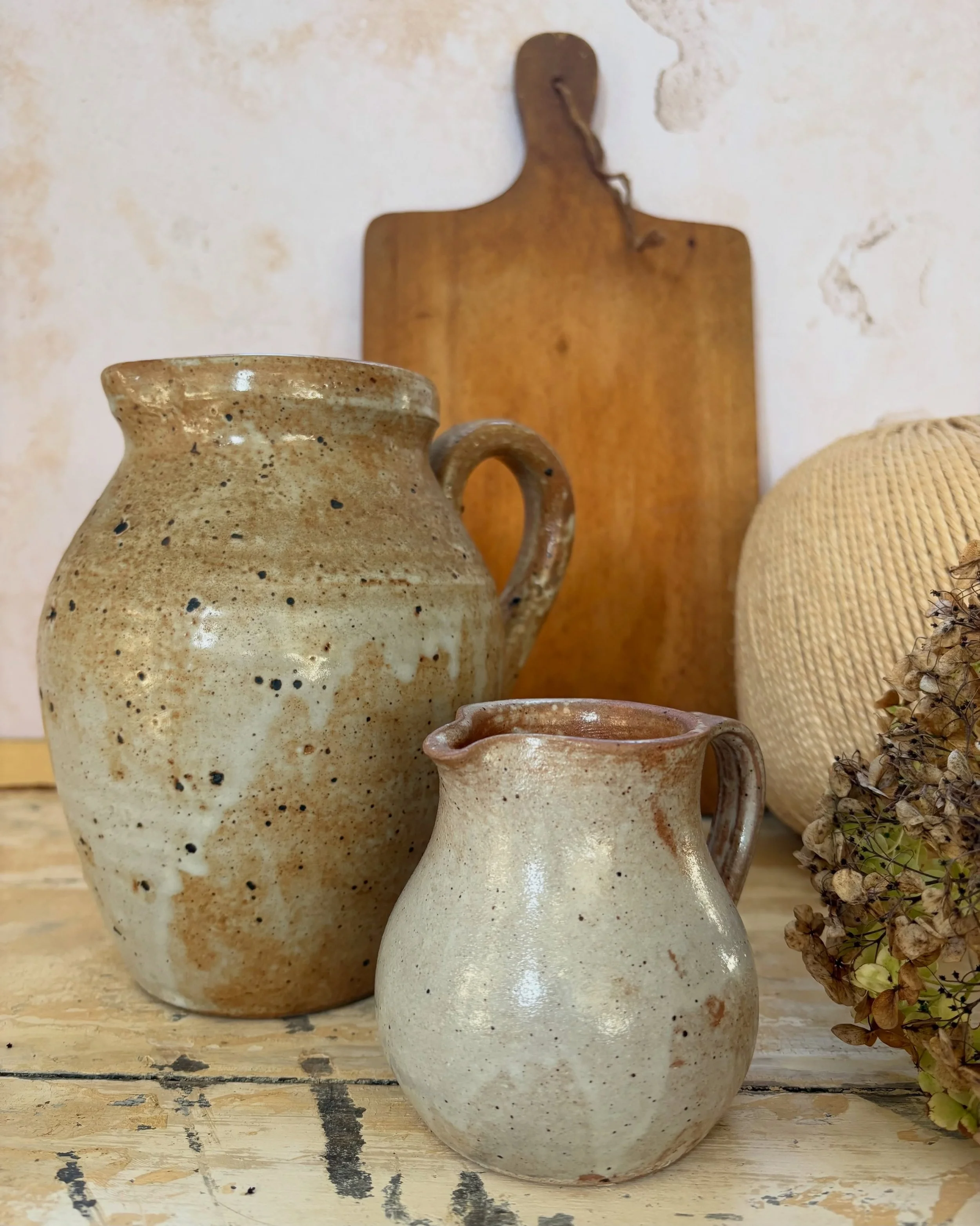 The sweetest collection of vintage French stoneware, each piece a little different in size, shape and glaze.

Warm ochres and honey tones sit alongside soft sage and marbled neutrals, with subtle variations in colour and finish that make every one fe