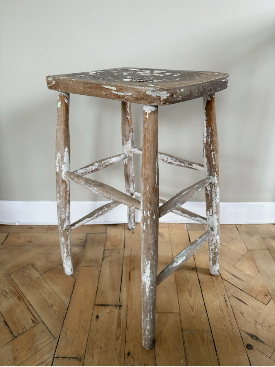 Weathered Elm Rustic Stool With Paint Remnants