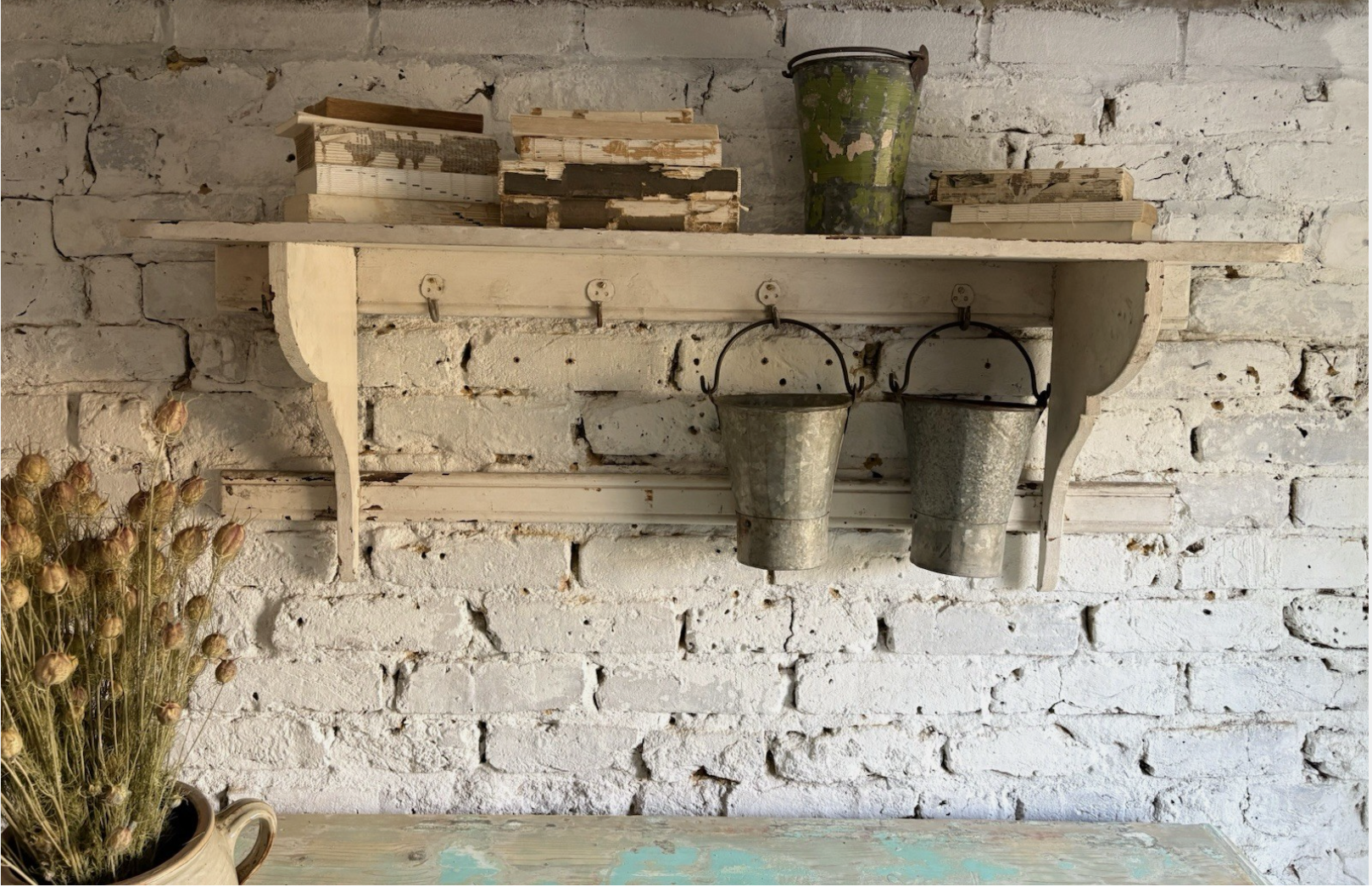 Rustic French Painted Hanging Shelves With Hooks