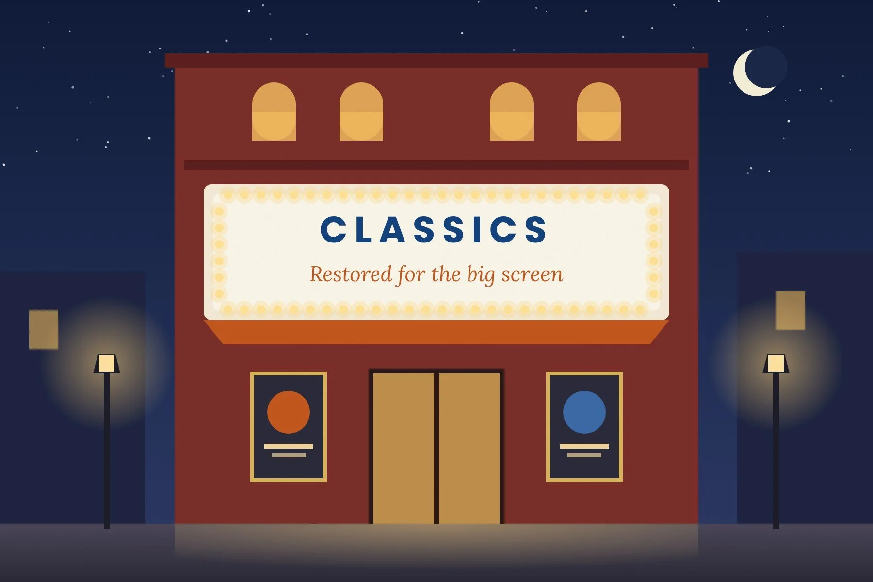 Illustrated movie theater marquee lit up at night, showing restored classic films