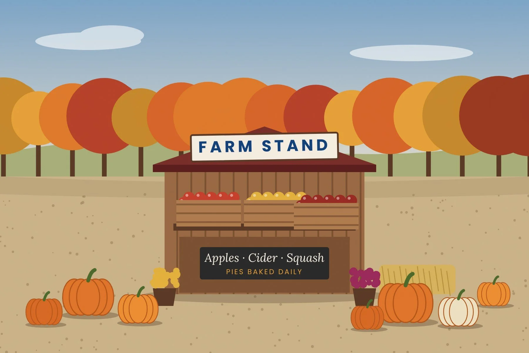 East End farm stand with apples, pumpkins and autumn trees