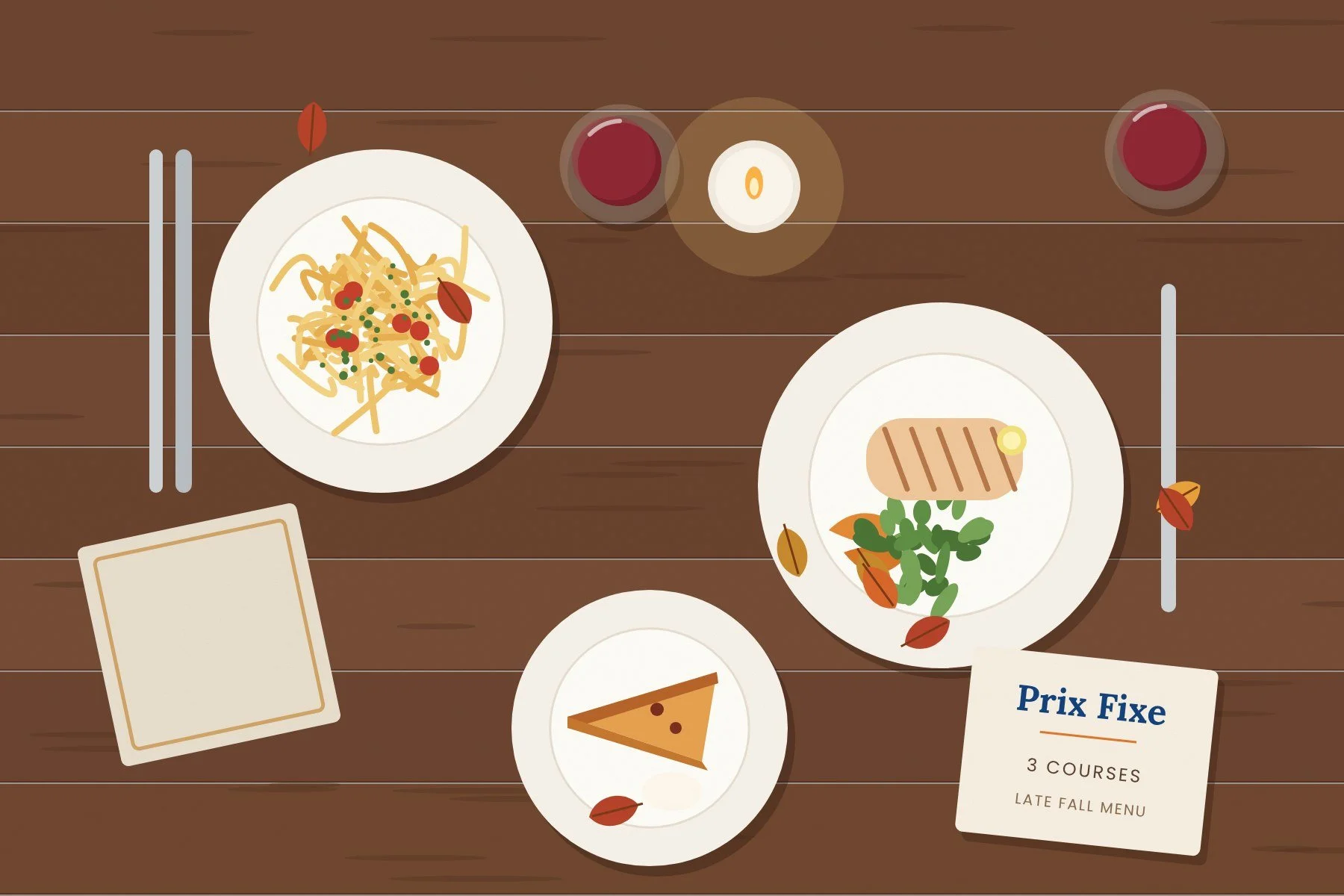 Prix fixe dinner for two with pasta, fish, dessert and red wine on a wood table