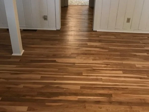 Room with wooden flooring and white paneled walls