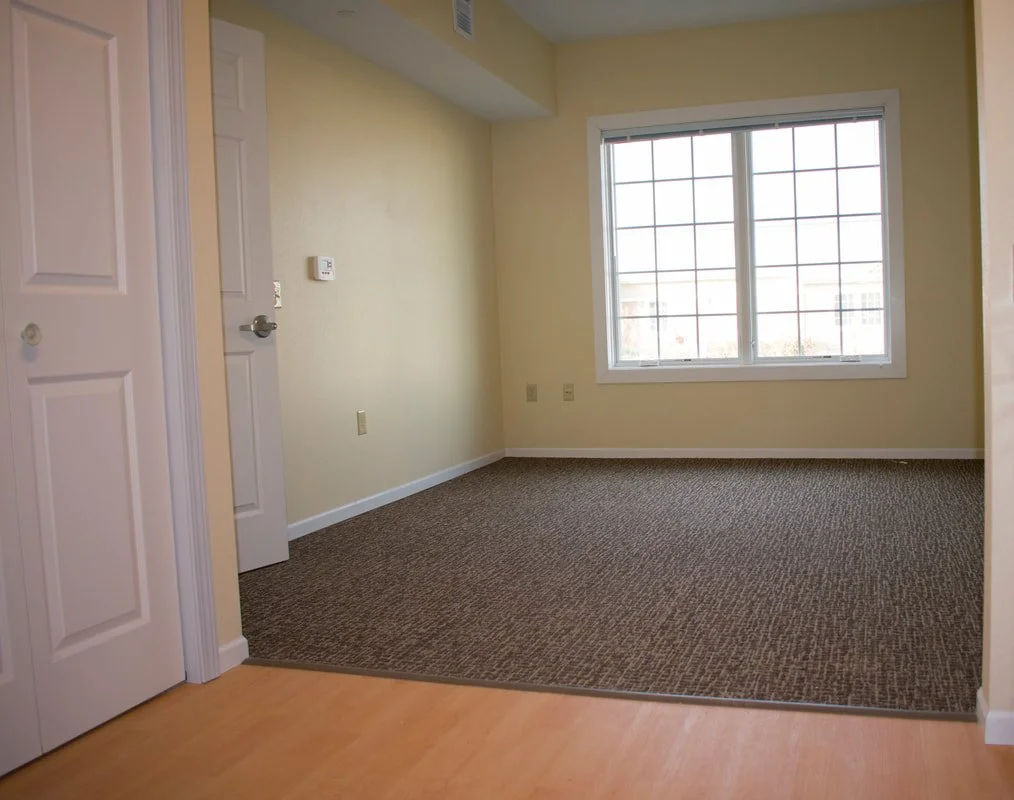 Empty room with beige walls, a large window, and a door. The floor transitions from light wood to dark carpet. A closet with white doors is partially visible.
