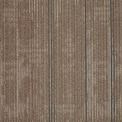 Brown striped carpet with varying shades and patterns of vertical lines.
