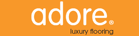 Adore luxury flooring logo with orange background.