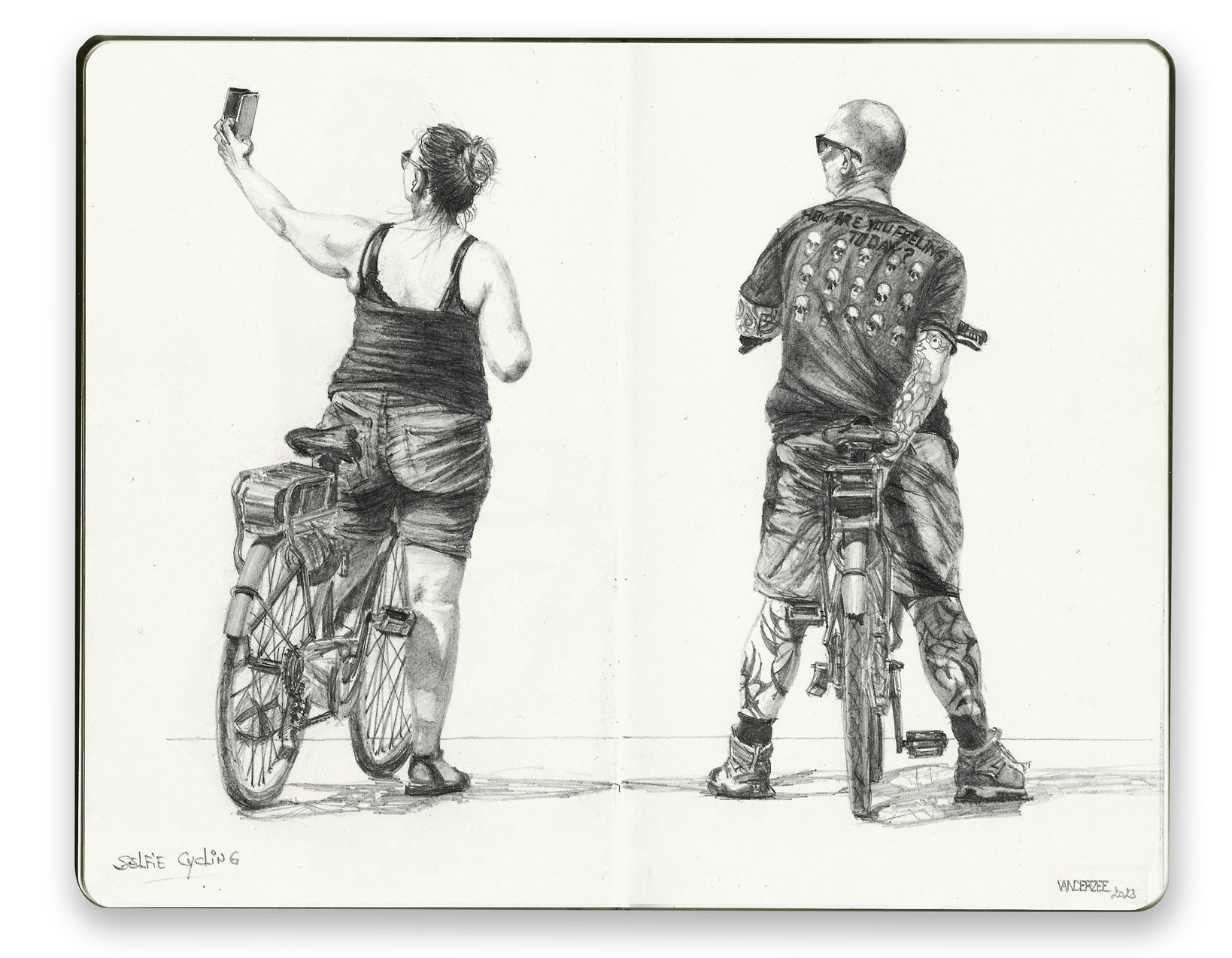 Dystopia boardwalk "Selfie cycling", 2023
Pencil on moleskine. 21-26