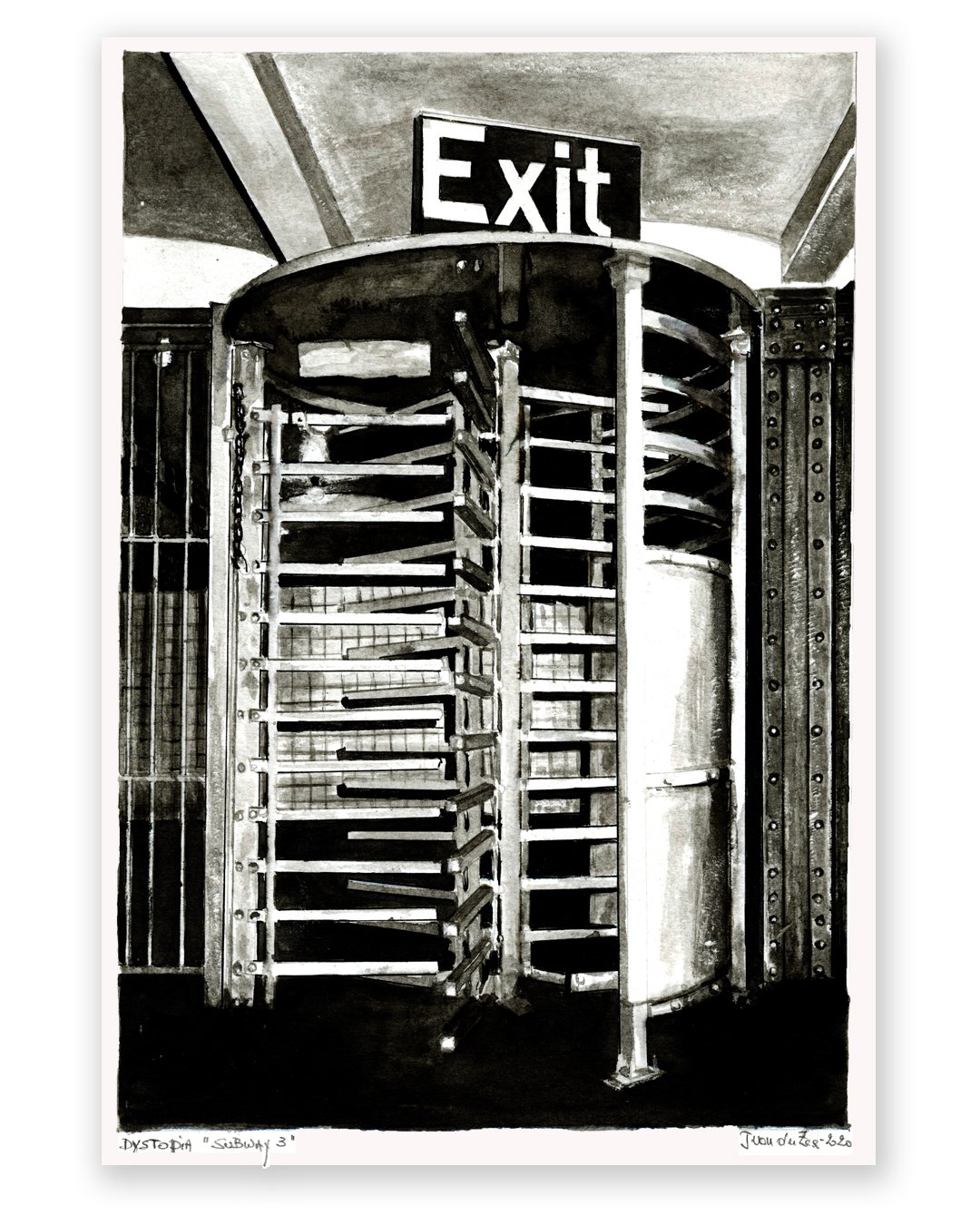 Dystopia "Subway Exit 2", 2021
Tusche (Chinese ink) on Arches paper, 30-40