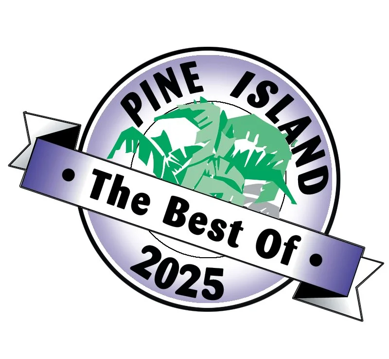 A circular badge with a dragon illustration, text 'Pine Island', a ribbon with 'The Best Of', and the year 2025.