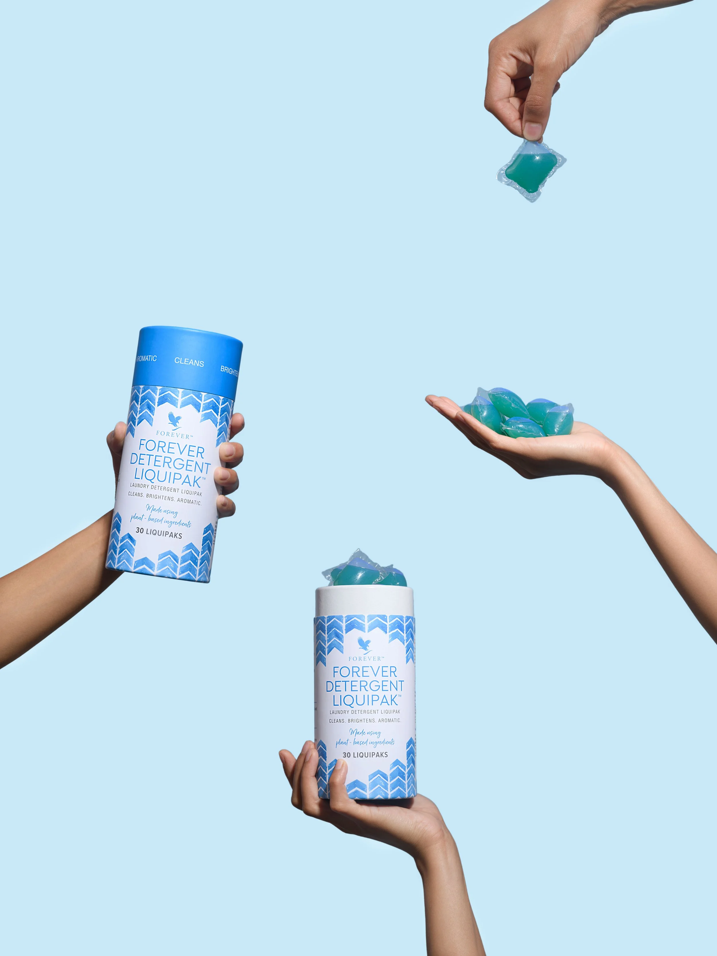 Hands holding containers of Forever Detergent Liquipak and loading detergent pods.