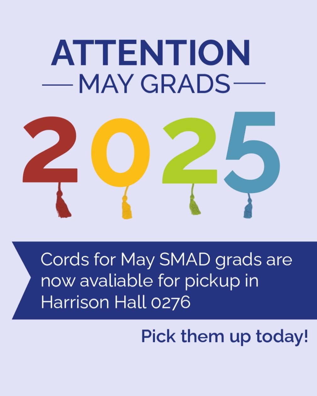 ATTENTION MAY GRADUATES! SMAD concentration cords (in 4 colors) are FREE and available for pick-up in the SMAD office (Harrison 0276). Stop by and grab yours before graduation! #jmusmad #jmu2024 #smadgraduates #jmugraduation #smadalumni