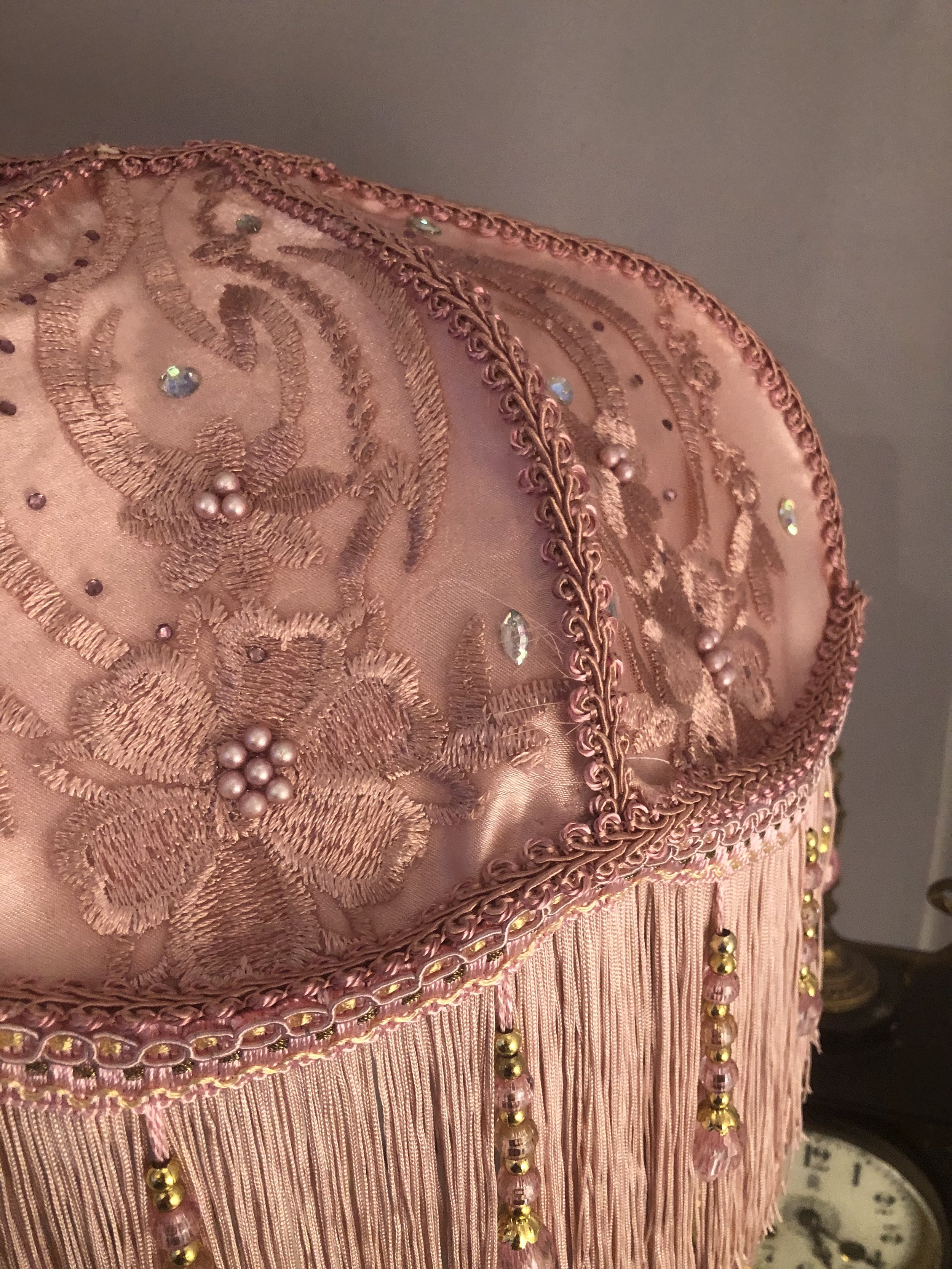 Art deco fringed lampshade in pink silk with pink lace , lace detail close up