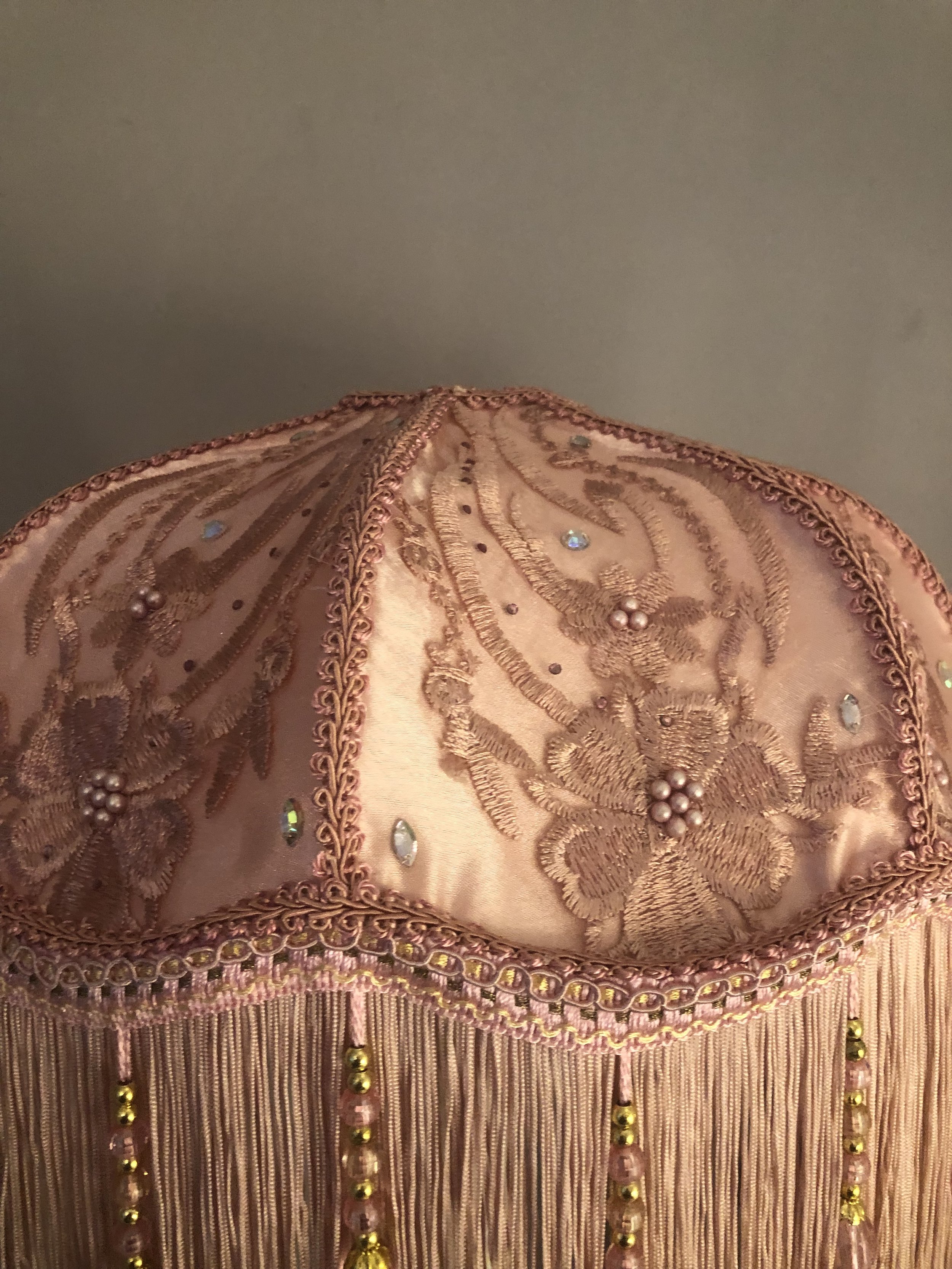 Art deco fringed lampshade in pink silk diamante detail