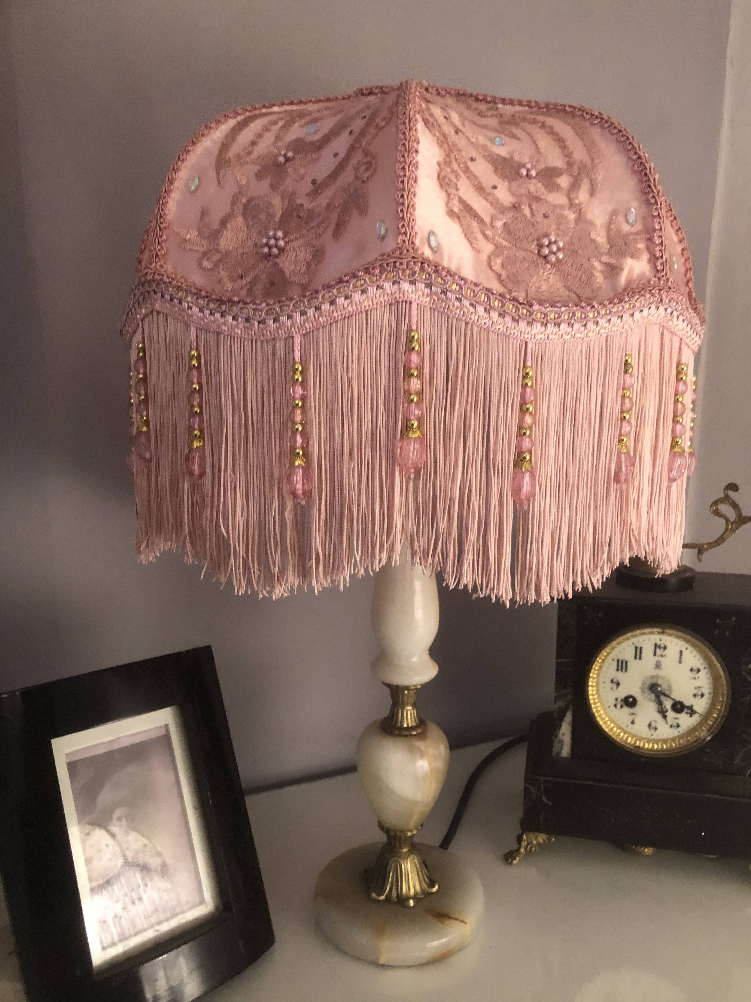 Art deco fringed lampshade in pink silk and pink lace , with diamantes and beaded fringe