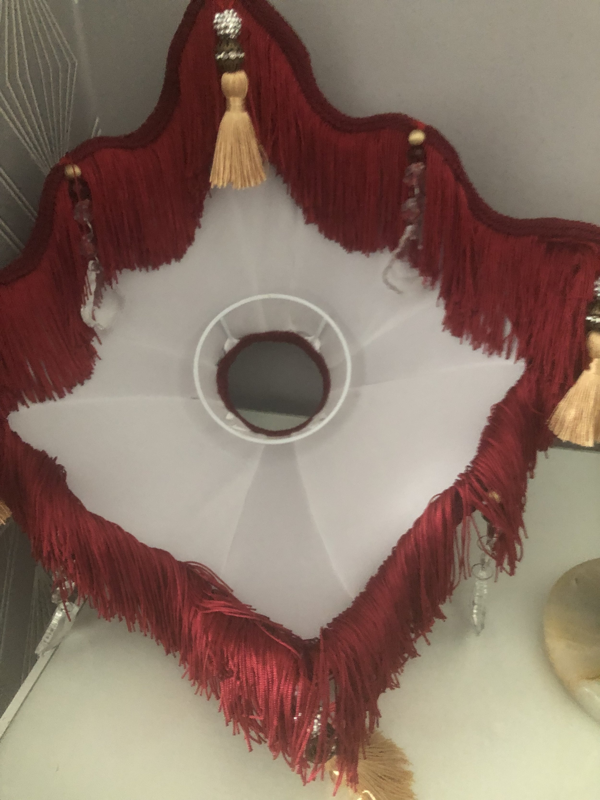 victorian fringed parlour lampshade, in red silk and velvet panels, gold embroidered front panel ,chiffon pleated back panel, balloon lining detail