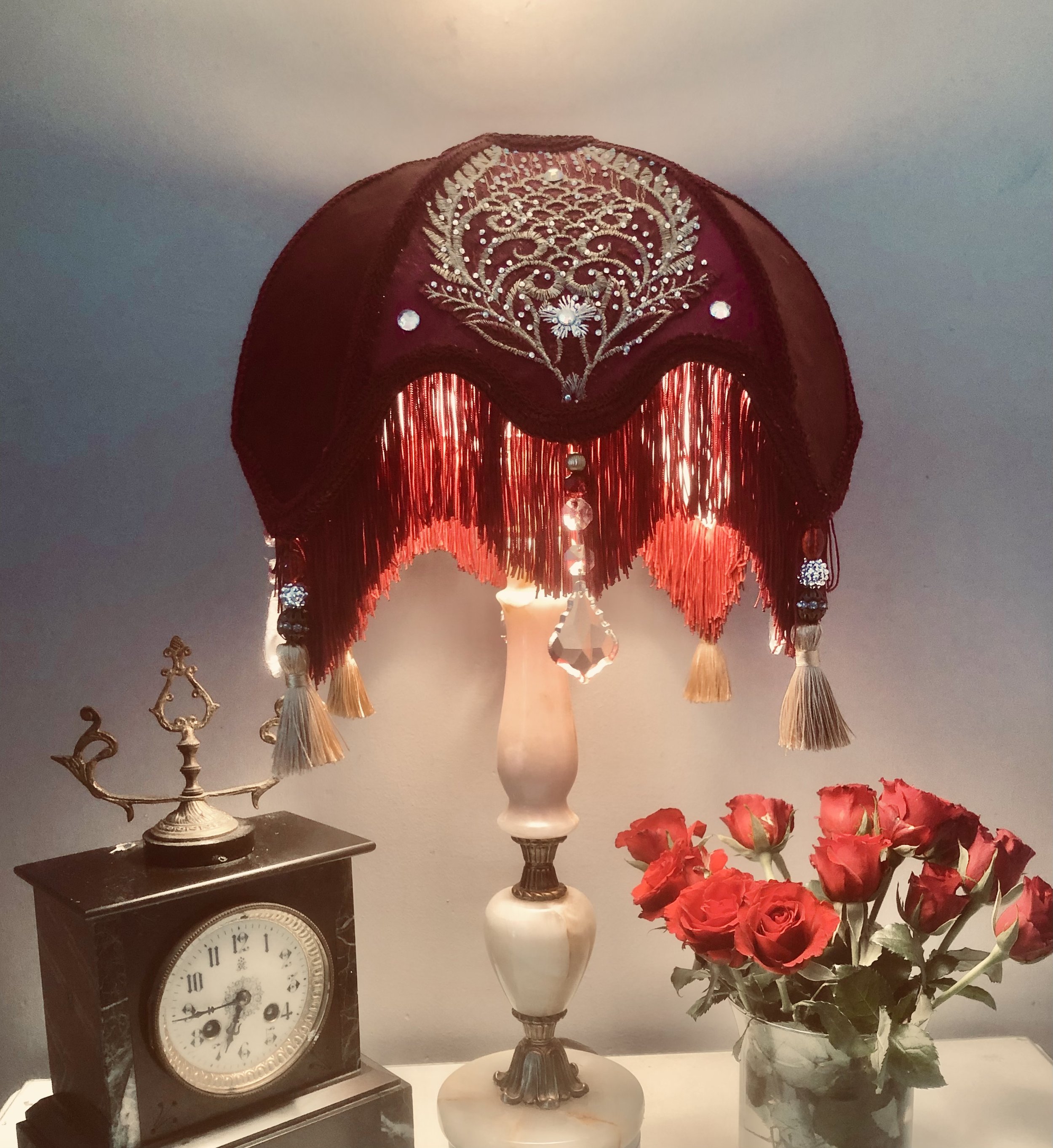 victorian fringed parlour lampshade, in red silk and velvet panels, gold embroidered front panel ,chiffon pleated back panel, lit up