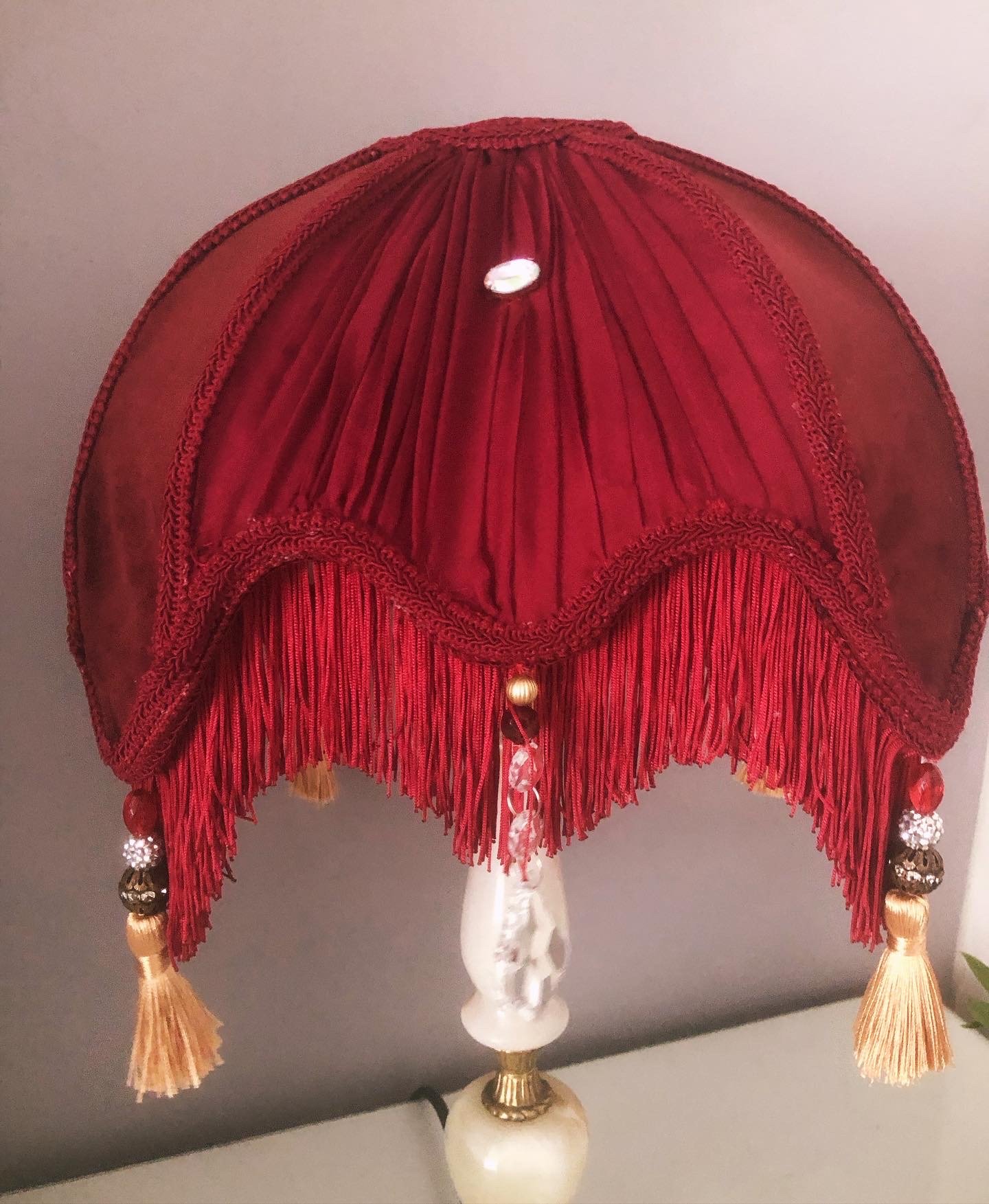 victorian fringed parlour lampshade, in red silk and velvet panels, gold embroidered front panel ,chiffon pleated back panel , back panel close up