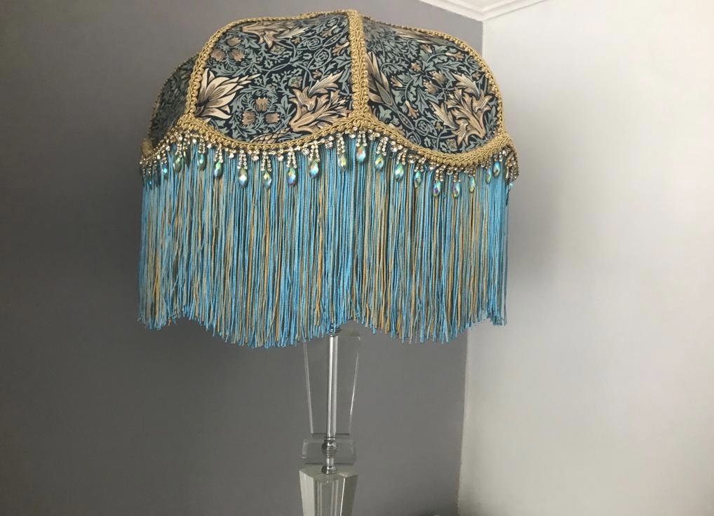 Art deco fringed lampshade in william morris snakeshead tourquiose fabric 4
