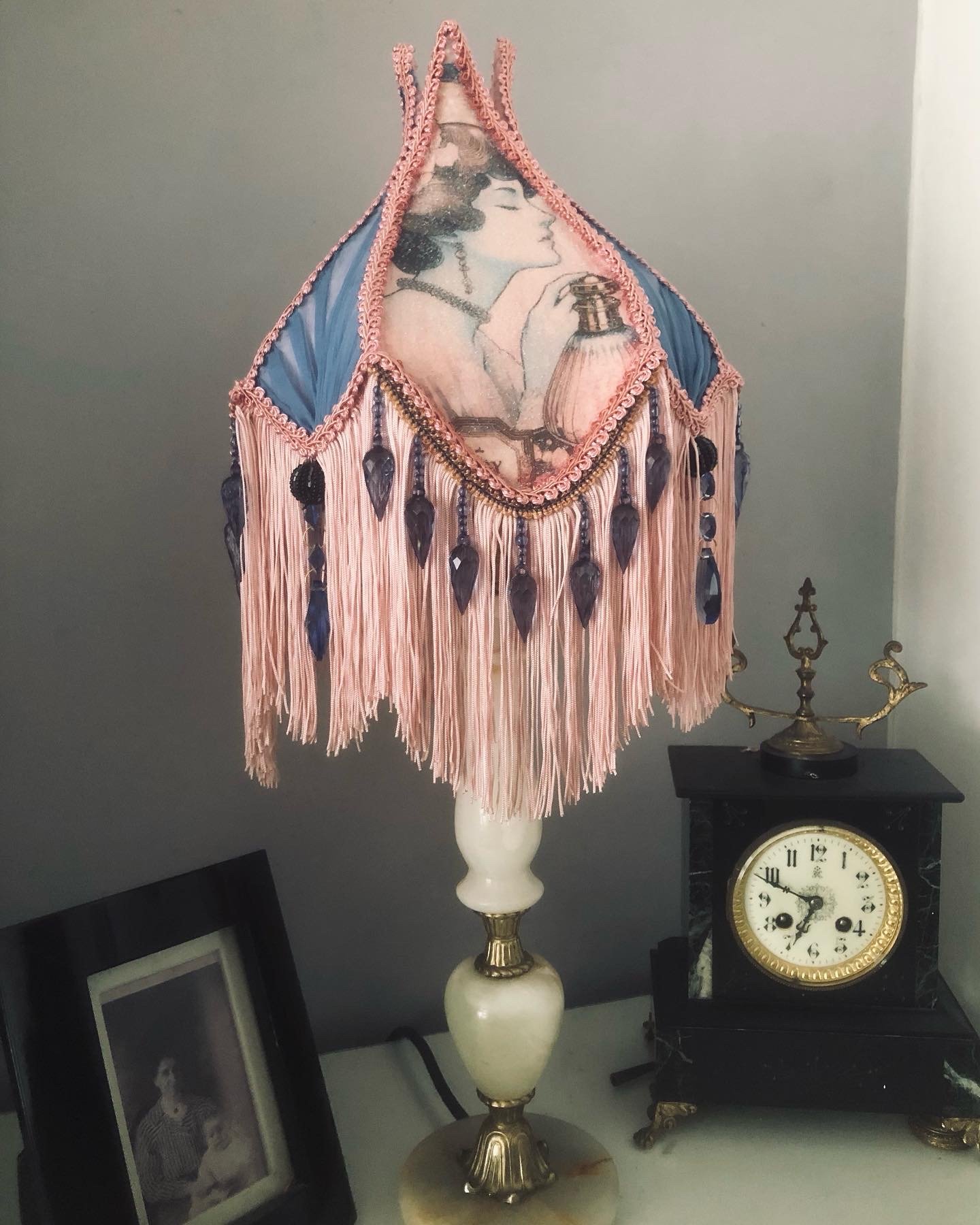 victorian fringed lampshade, pink tulip shape with picture panel and powder blue pleated lace