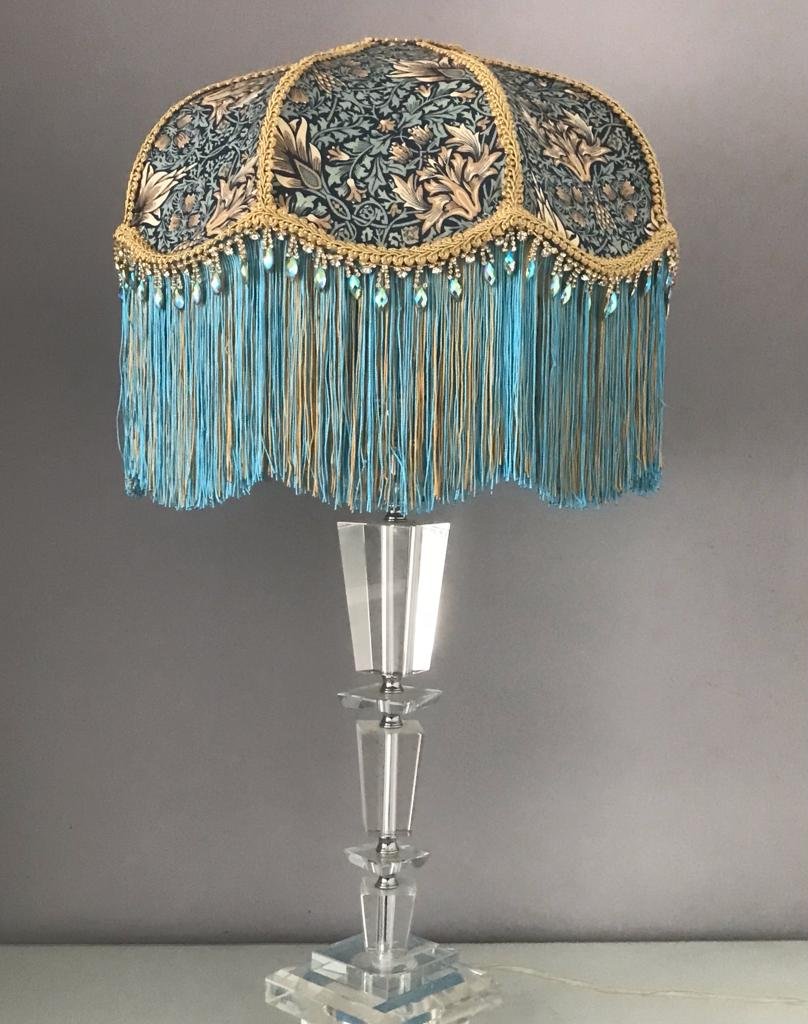 Art deco fringed lampshade in william morris snakeshead tourquiose fabric 2