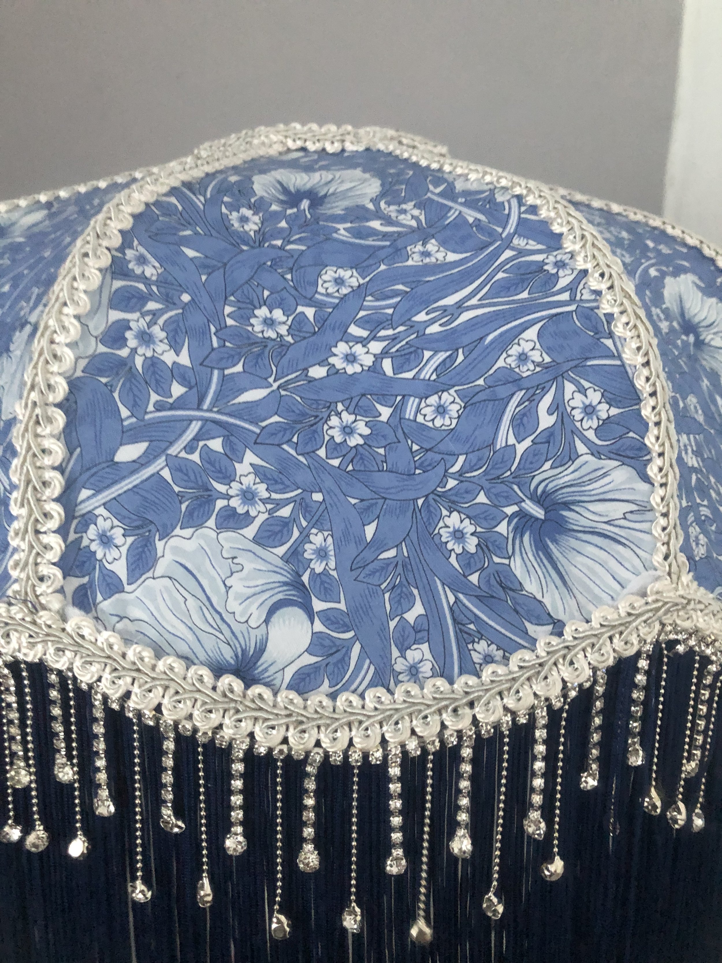 Art deco fringed lampshade in william morris ,blue,periwinkle , close up